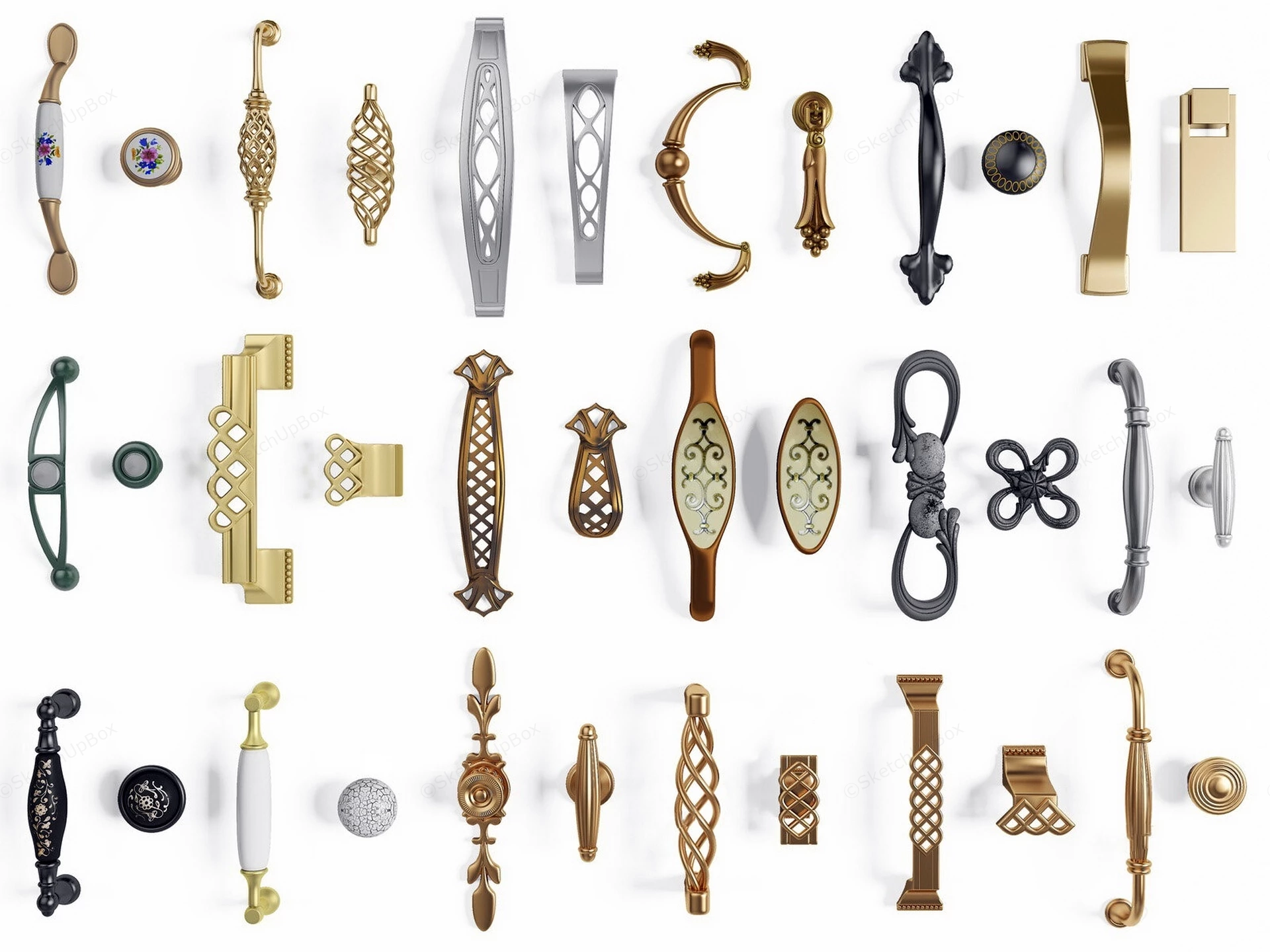 Ornate Classic Cabinet Hardware & Handle Collection Sketchup 3D Model Preview - SketchupBox