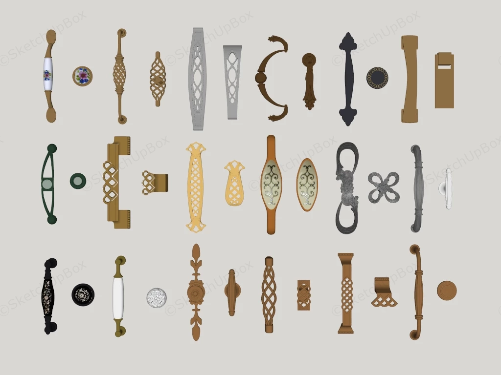 Ornate Classic Cabinet Hardware & Handle Collection Sketchup 3D Model Preview - SketchupBox