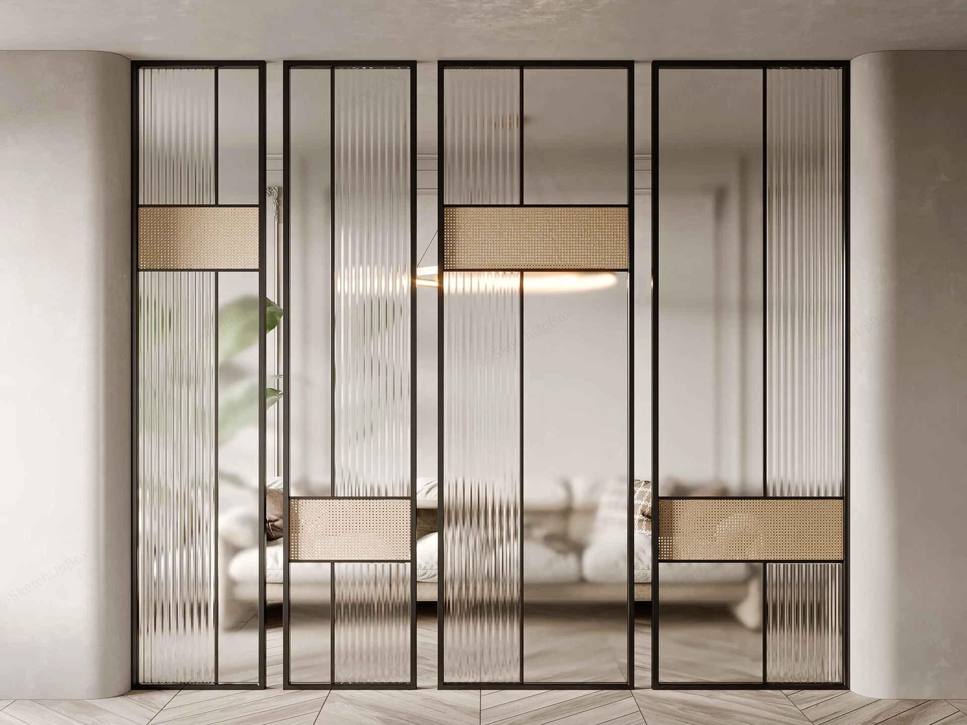 Modern Fluted Glass & Rattan Room Divider Partition Sketchup 3D Model Preview - SketchupBox