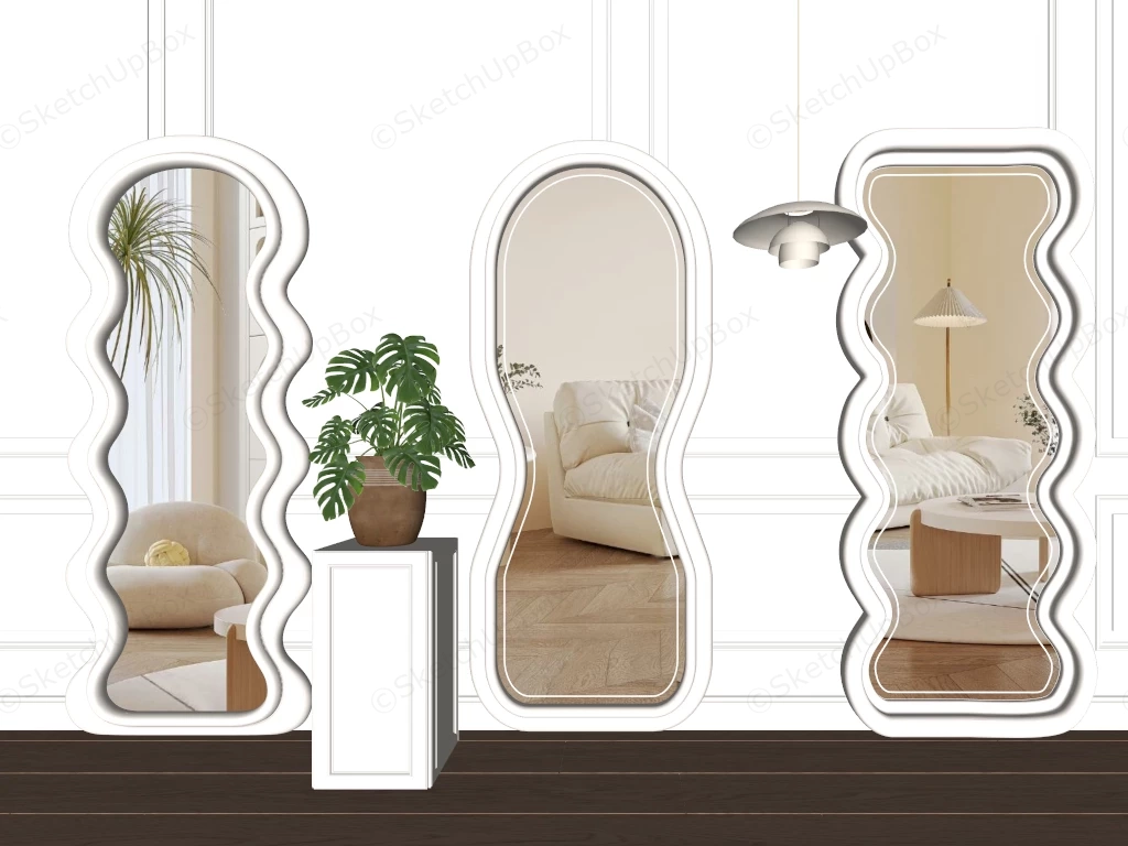 Modern Wavy Organic Full Length LED Floor Mirror Trio Sketchup 3D Model Preview - SketchupBox