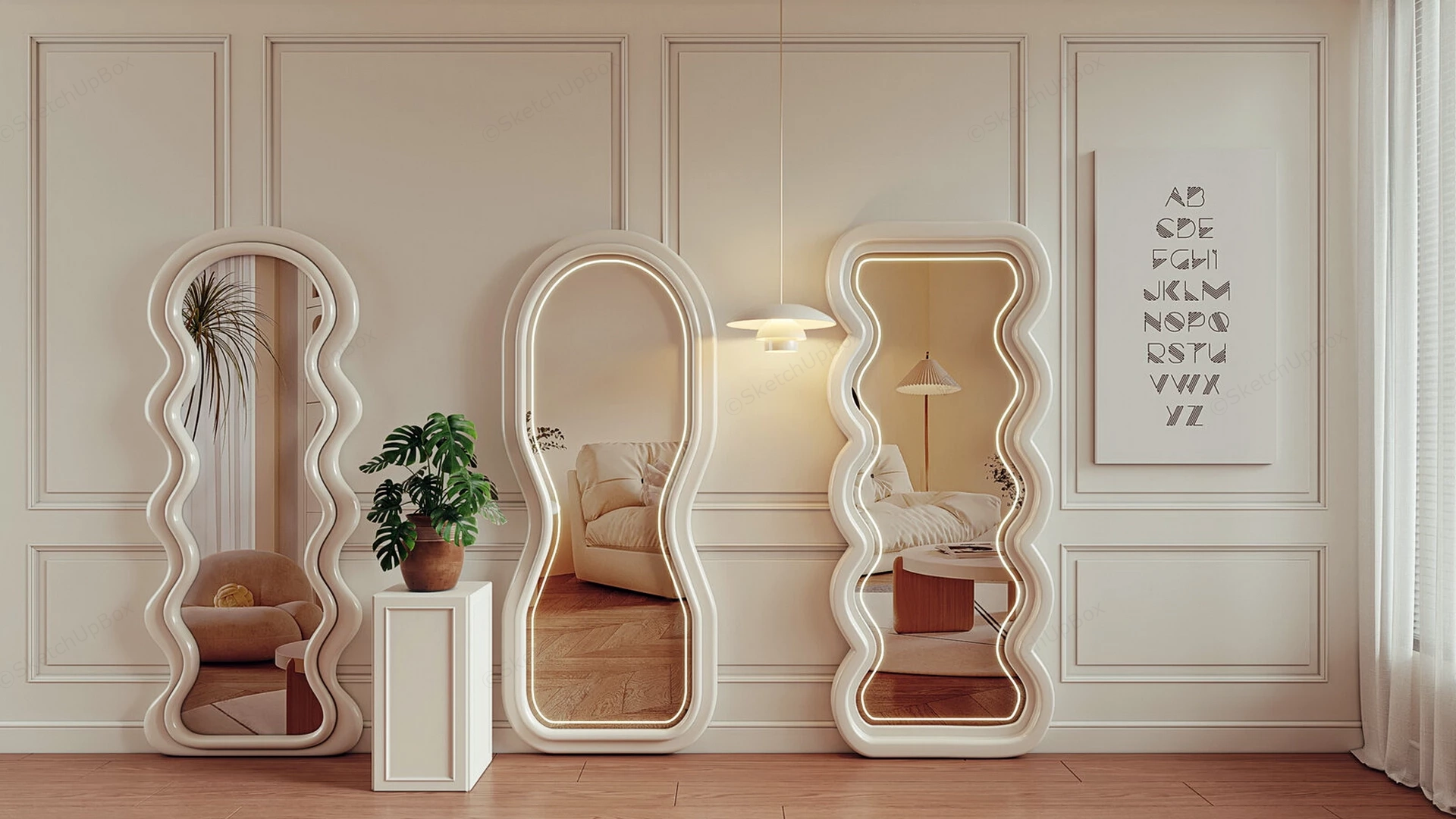 Modern Wavy Organic Full Length LED Floor Mirror Trio Sketchup 3D Model Preview - SketchupBox