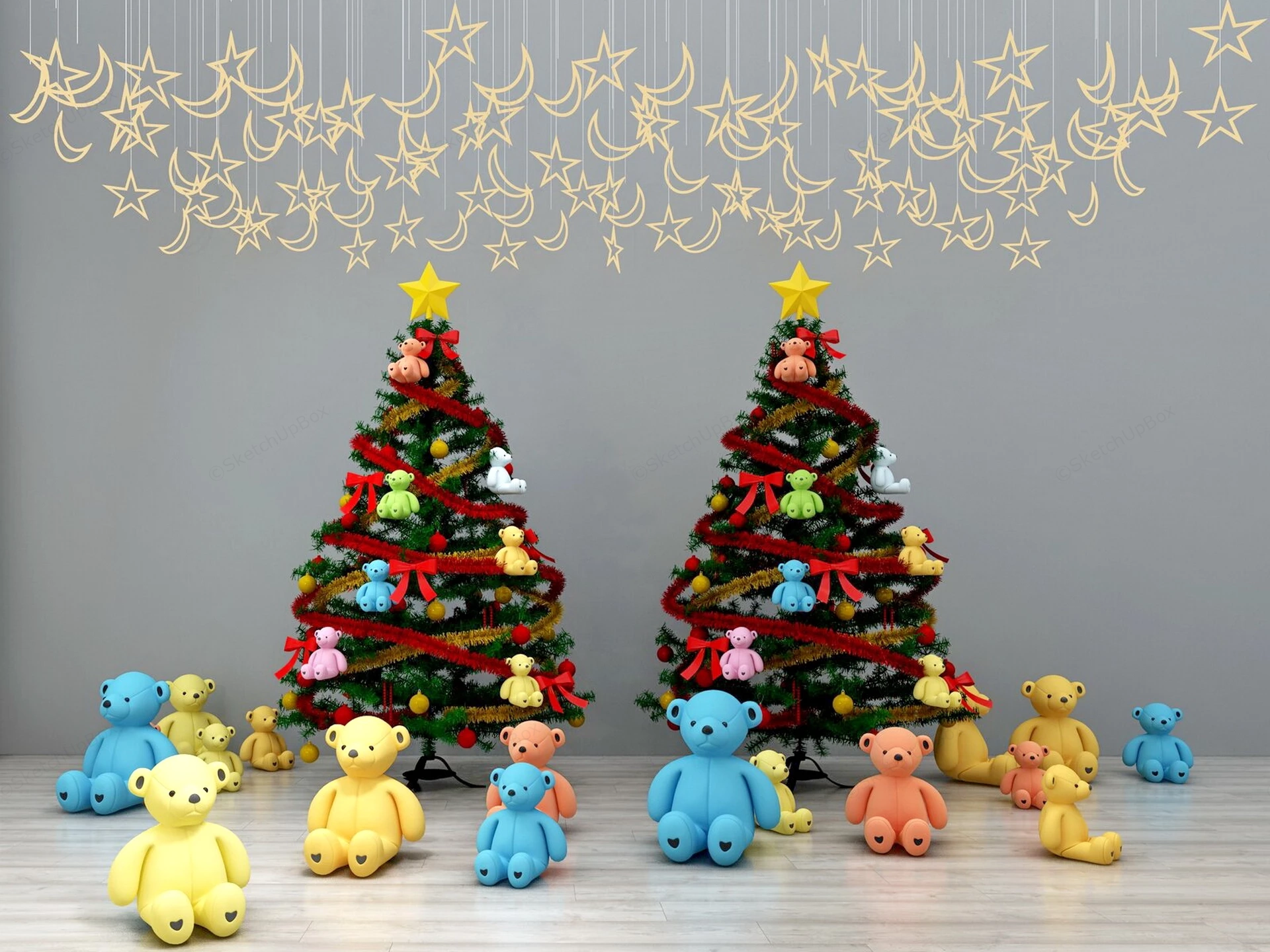 Festive Christmas Tree & Teddy Bear Holiday Decor Sketchup 3D Model Preview - SketchupBox