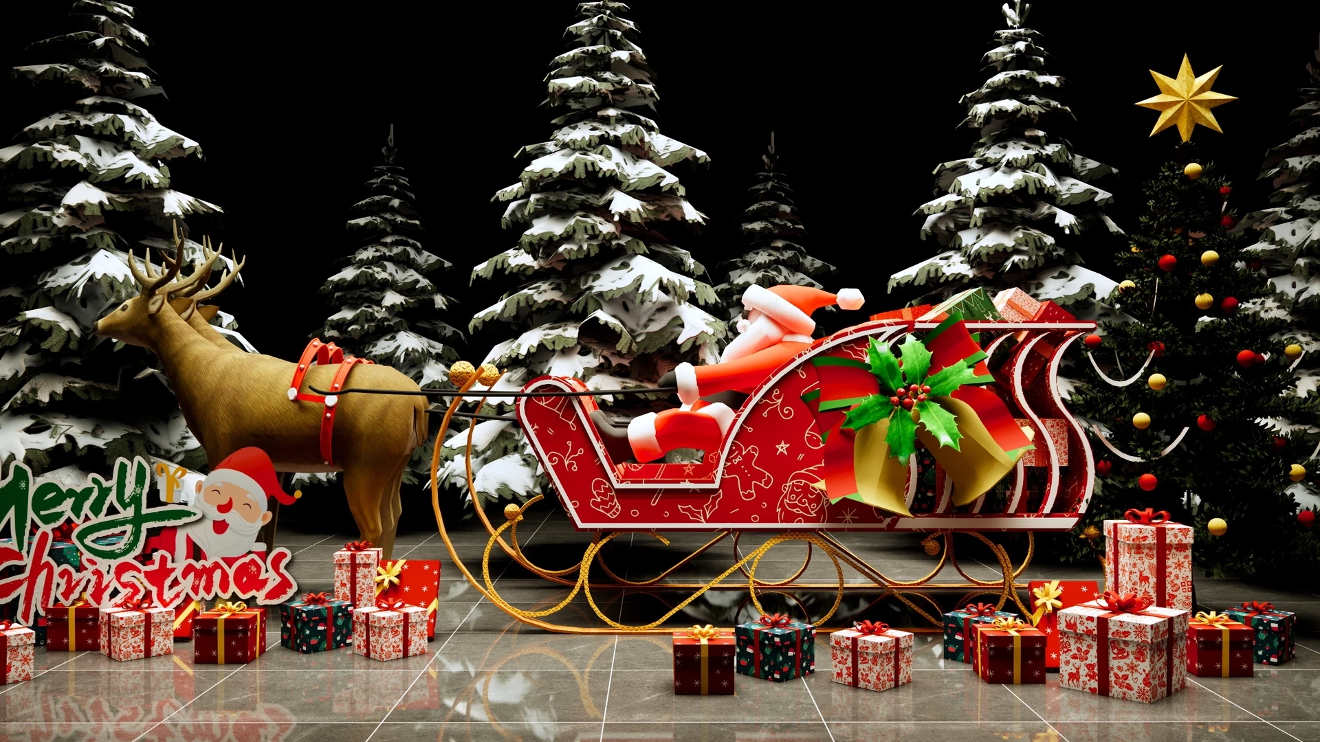 Festive Santa Sleigh & Reindeer Winter Display Scene Sketchup 3D Model Preview - SketchupBox
