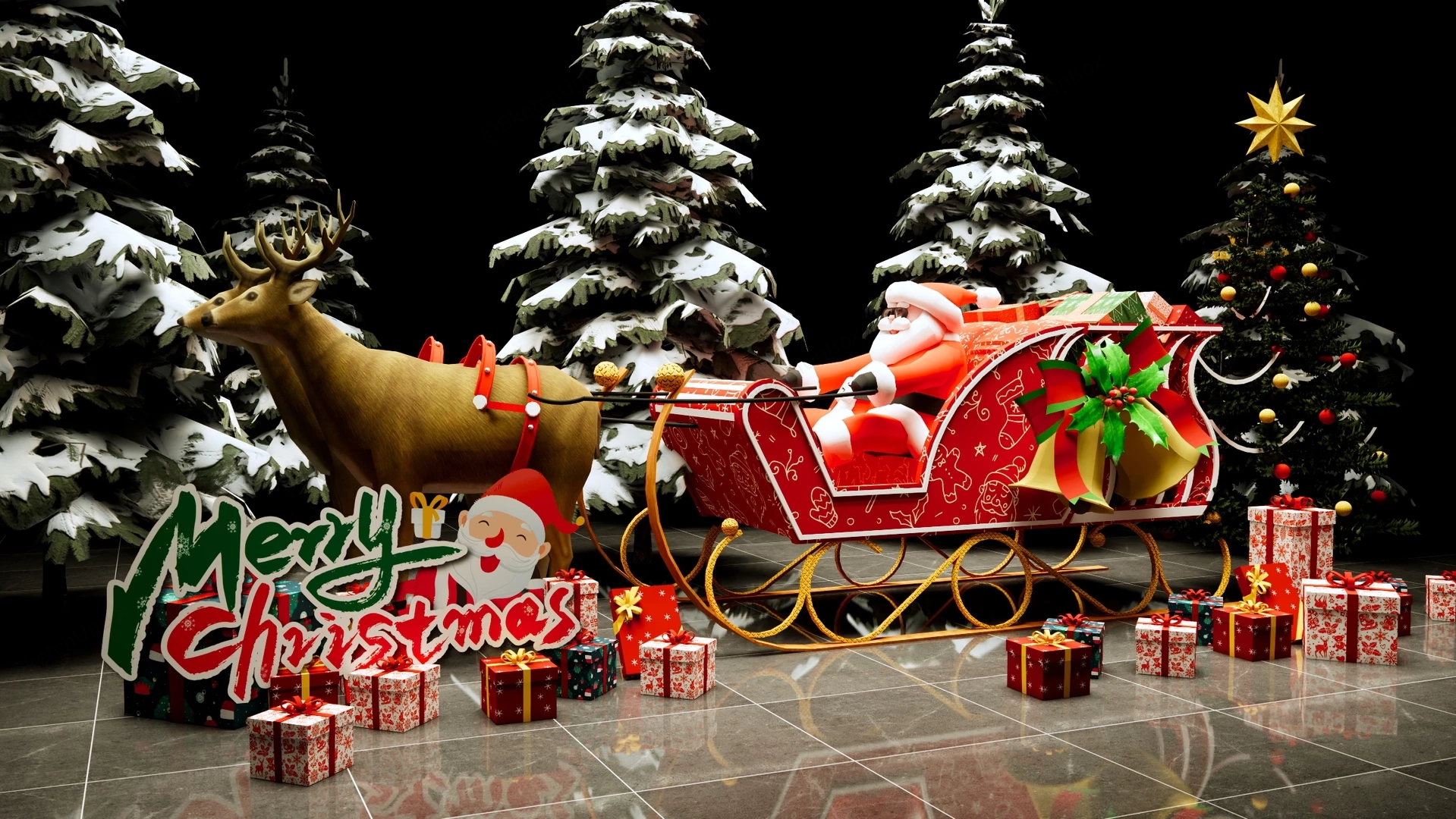 Festive Santa Sleigh & Reindeer Winter Display Scene Sketchup 3D Model Preview - SketchupBox