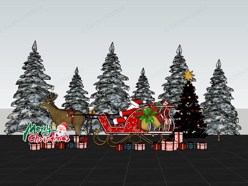 Festive Santa Sleigh & Reindeer Winter Display Scene Sketchup 3D Model Preview - SketchupBox