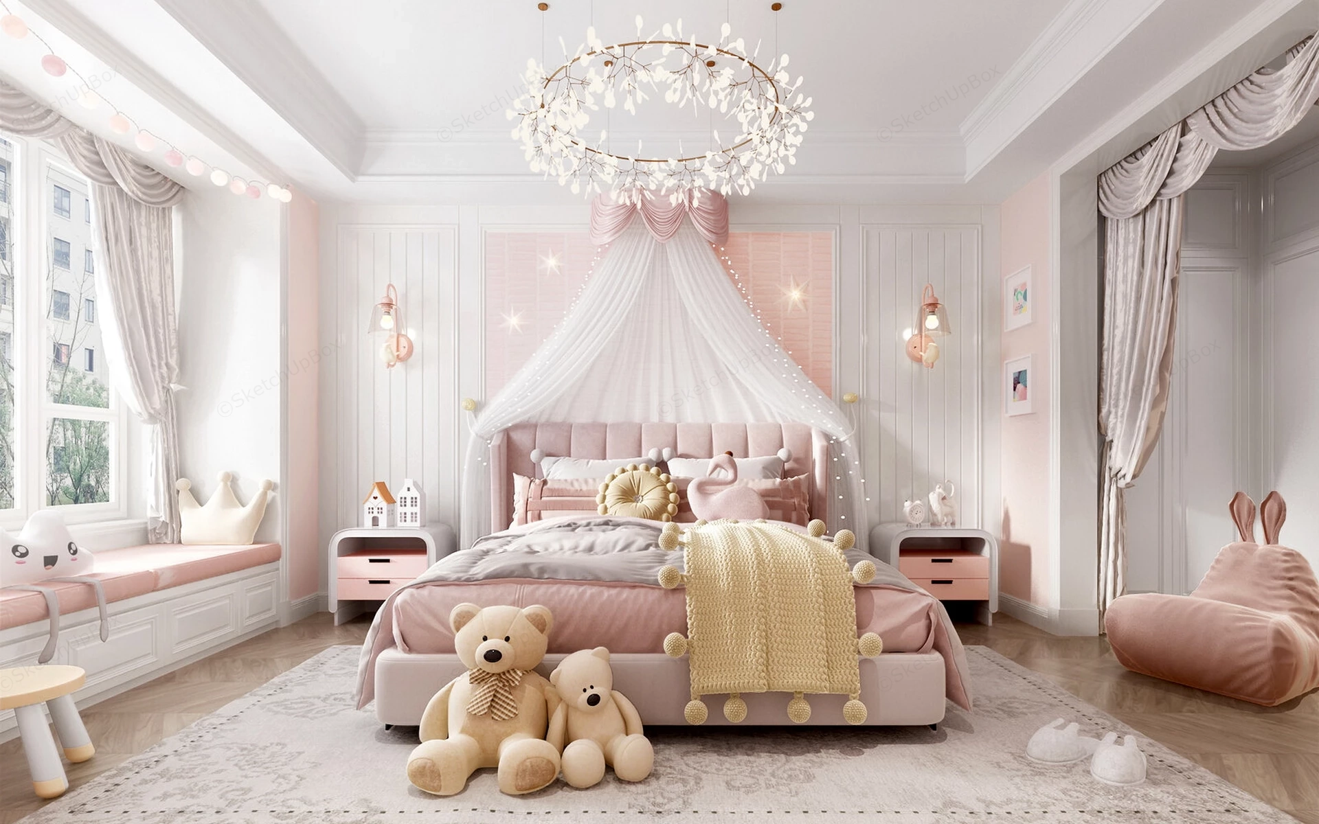 Modern Romantic Princess Themed Girls Bedroom Sketchup 3D Model Preview - SketchupBox