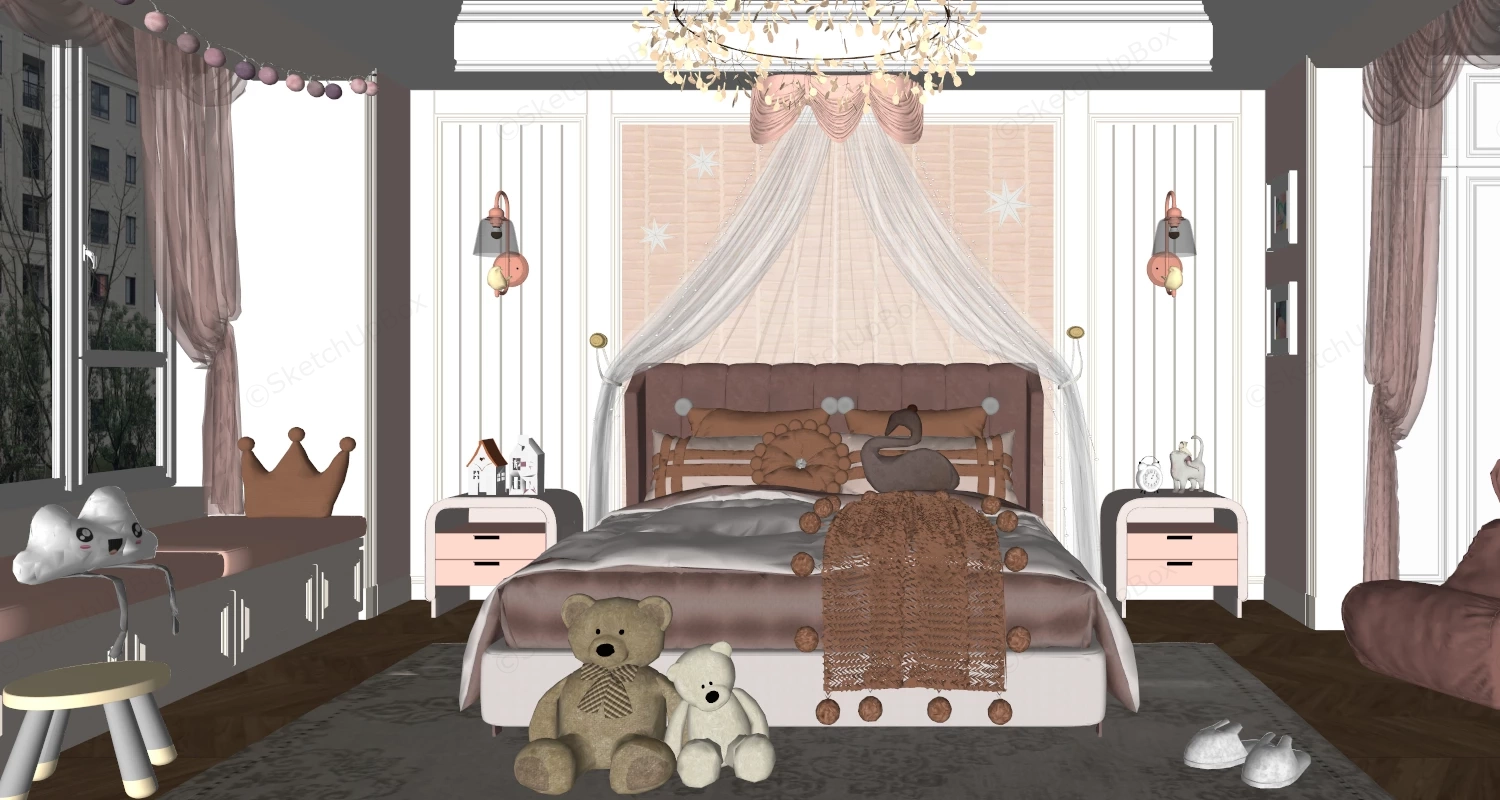Modern Romantic Princess Themed Girls Bedroom Sketchup 3D Model Preview - SketchupBox