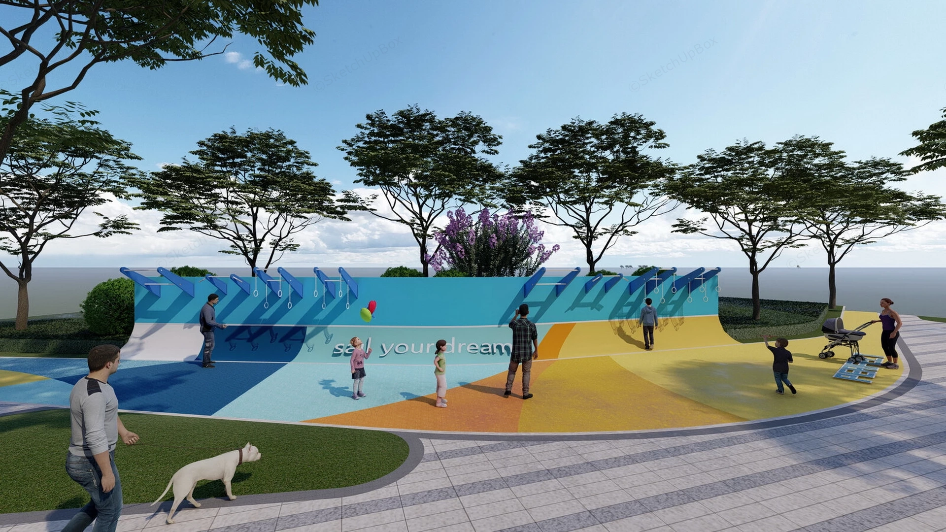 Outdoor Public Park Fitness & Play Zone Sketchup 3D Model Preview - SketchupBox