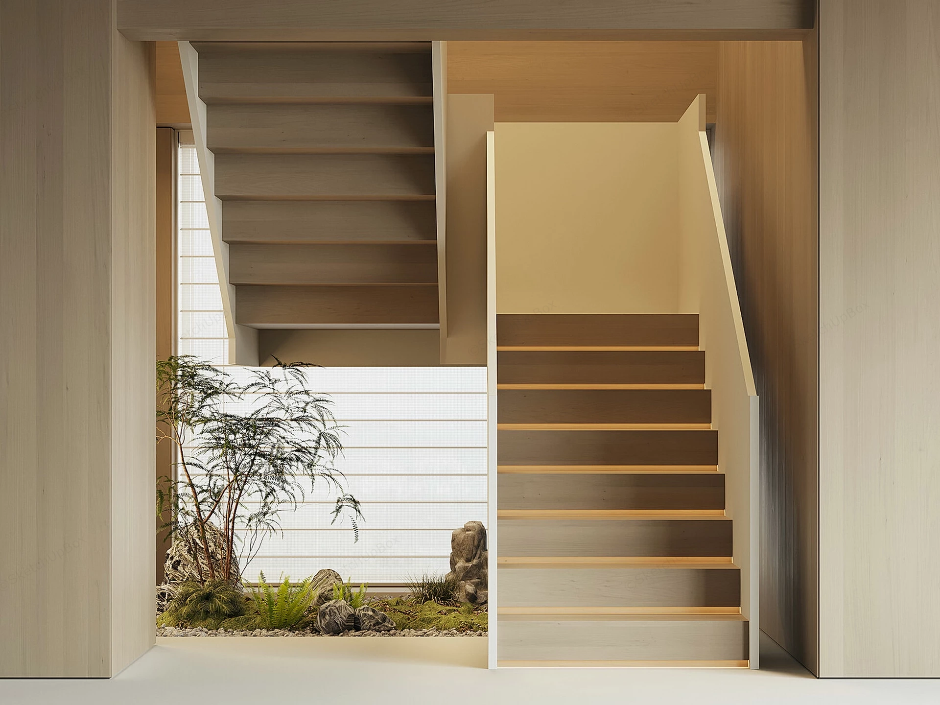 Modern Wood Switchback Staircase With Indoor Zen Garden Sketchup 3D Model Preview - SketchupBox