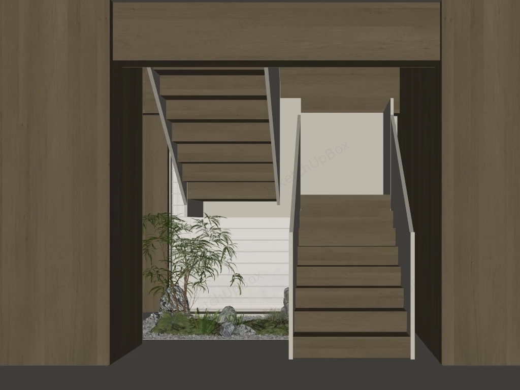 Modern Wood Switchback Staircase With Indoor Zen Garden Sketchup 3D Model Preview - SketchupBox
