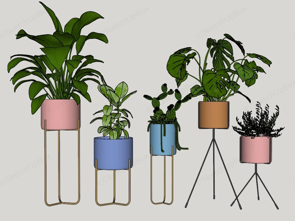 Modern Potted Plant Collection On Metal Stands Sketchup 3D Model Preview - SketchupBox