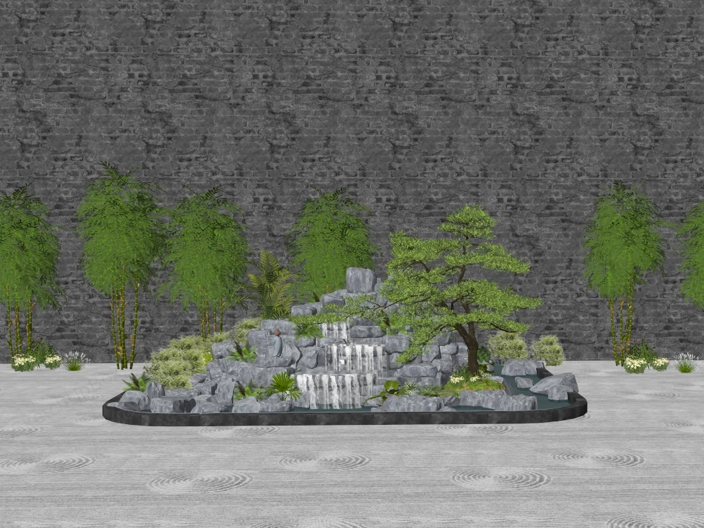 Zen Garden Rockery And Waterfall Sketchup 3D Model Preview - SketchupBox