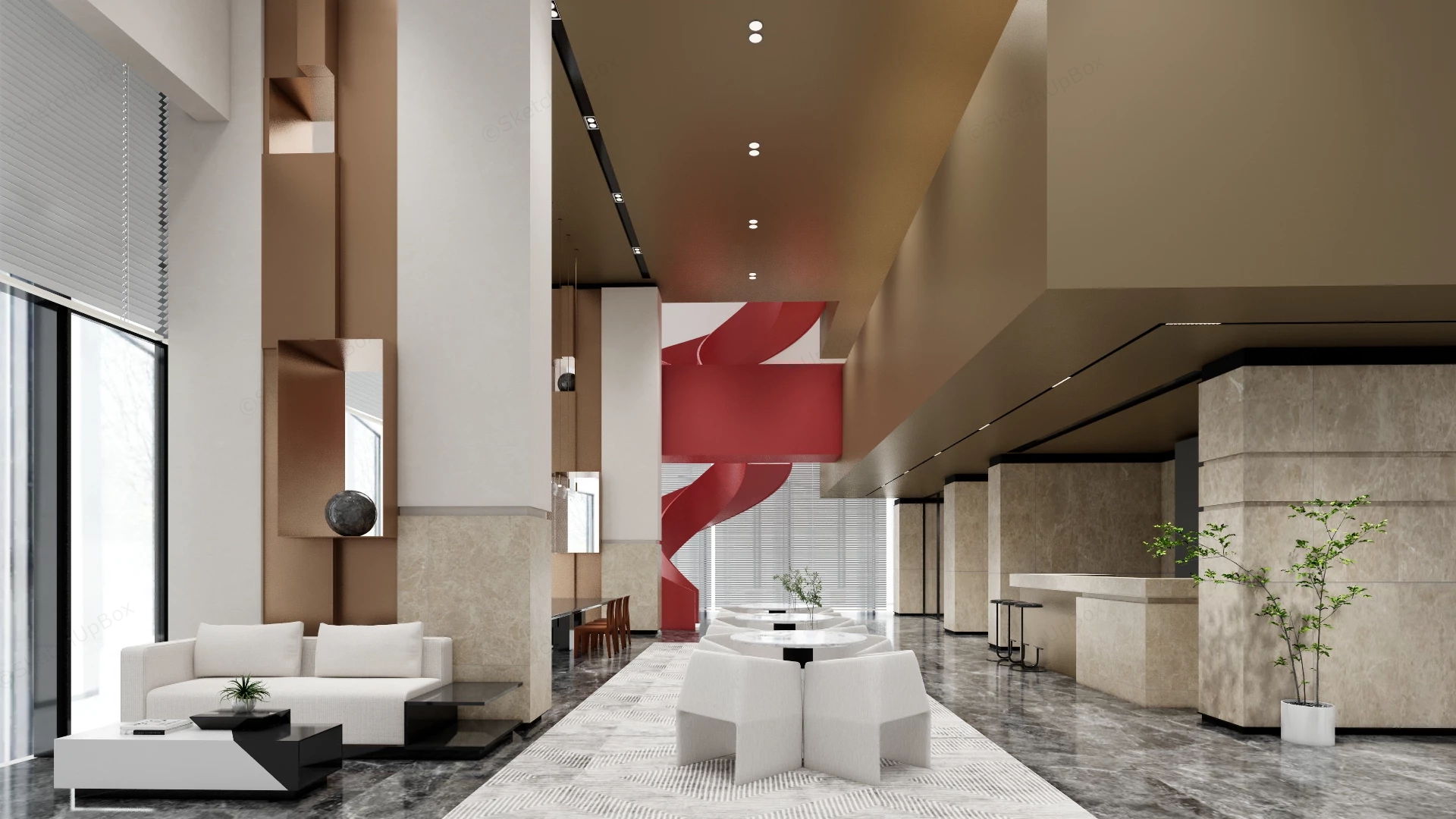 Modern Corporate Lobby And Reception Scene Sketchup 3D Model Preview - SketchupBox