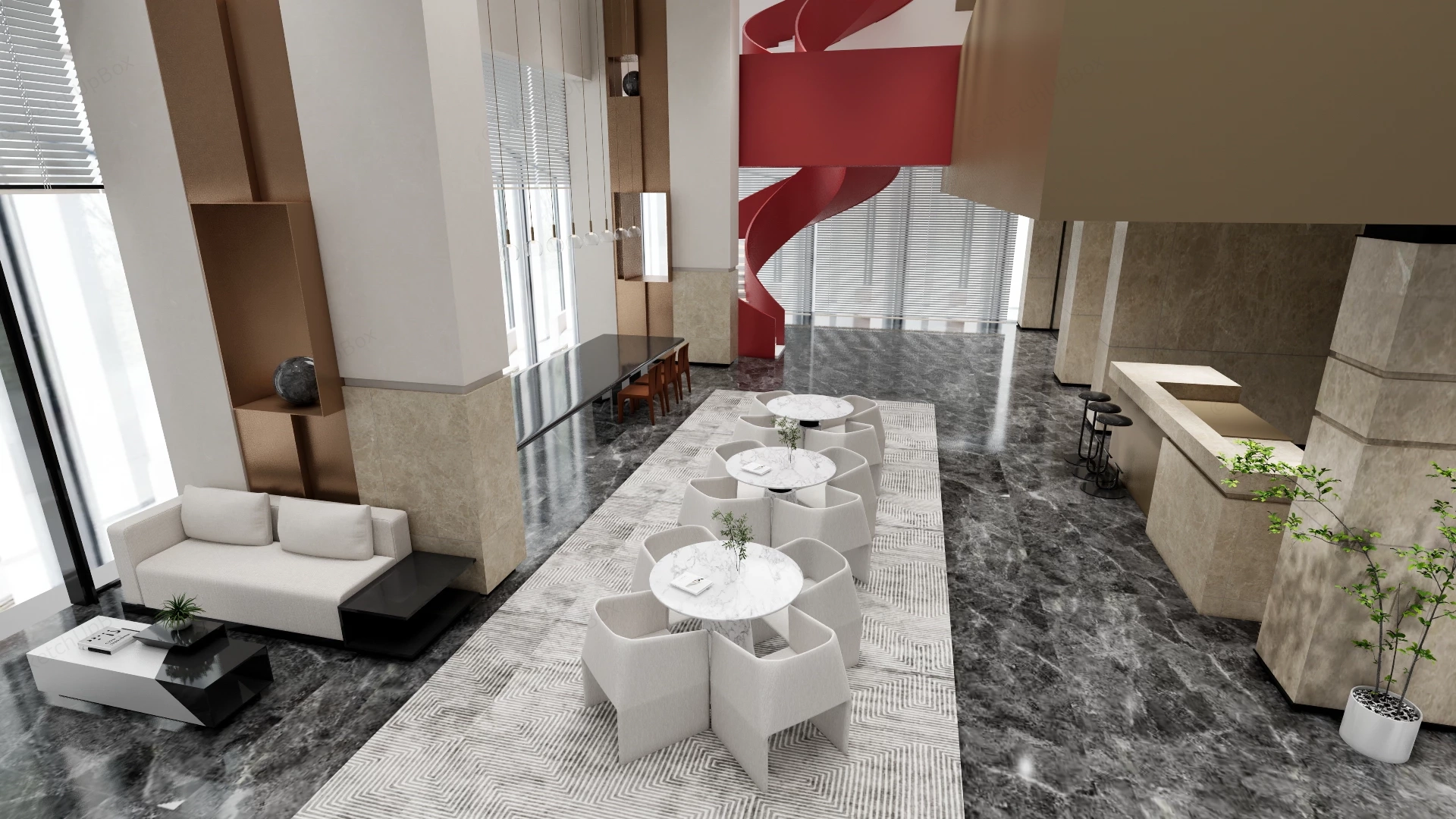Modern Corporate Lobby And Reception Scene Sketchup 3D Model Preview - SketchupBox
