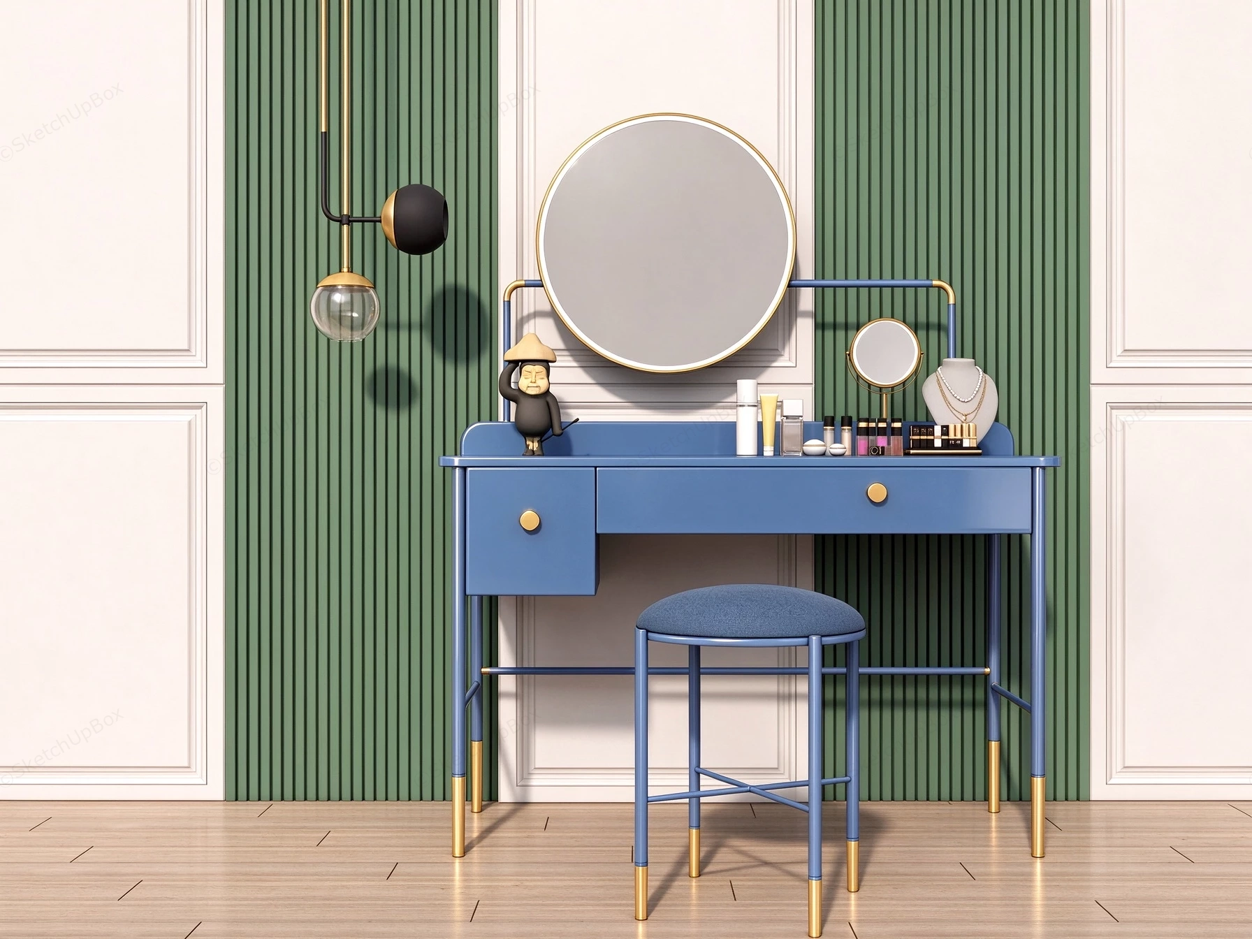 Neoclassical Blue Vanity Desk And Paneling Set Sketchup 3D Model Preview - SketchupBox