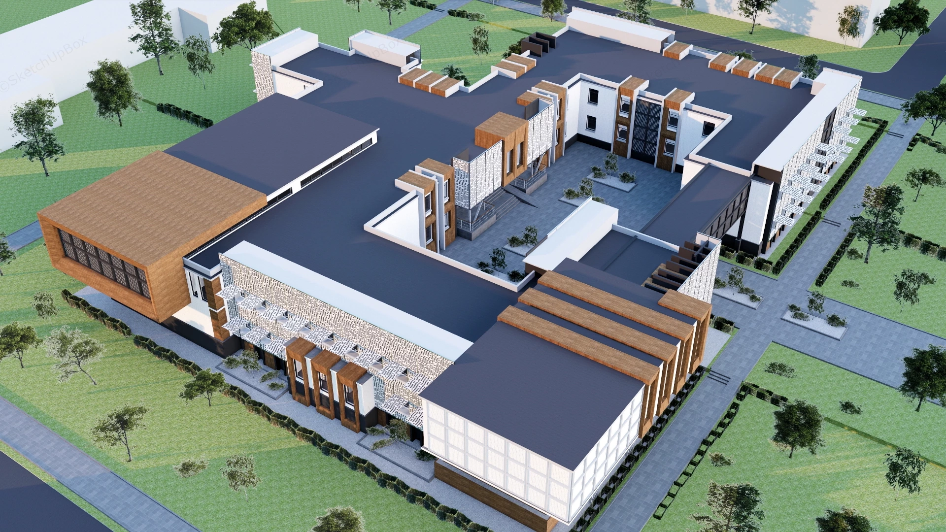 Modern Institutional Campus Building Complex Sketchup 3D Model Preview - SketchupBox