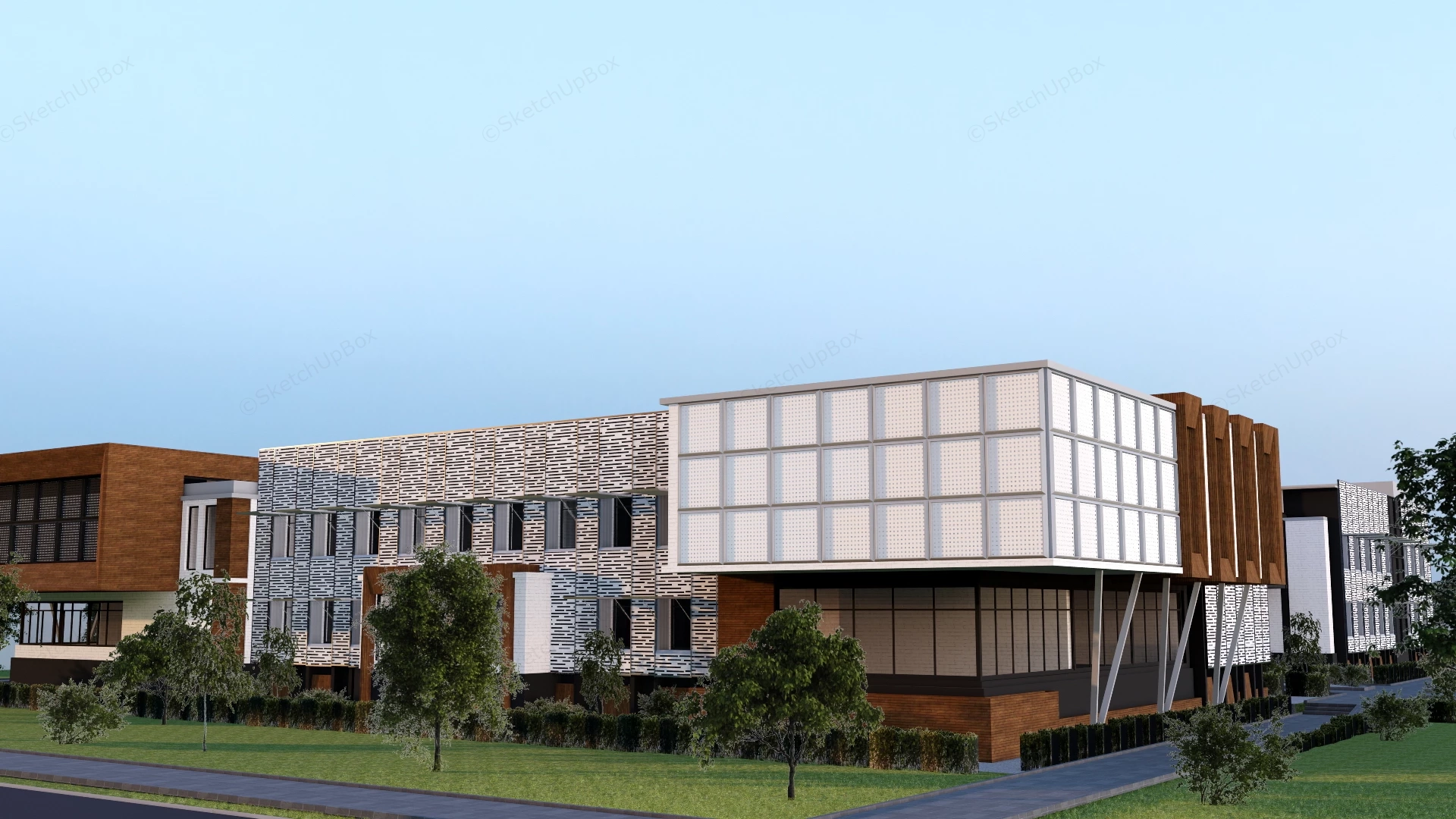 Modern Institutional Campus Building Complex Sketchup 3D Model Preview - SketchupBox