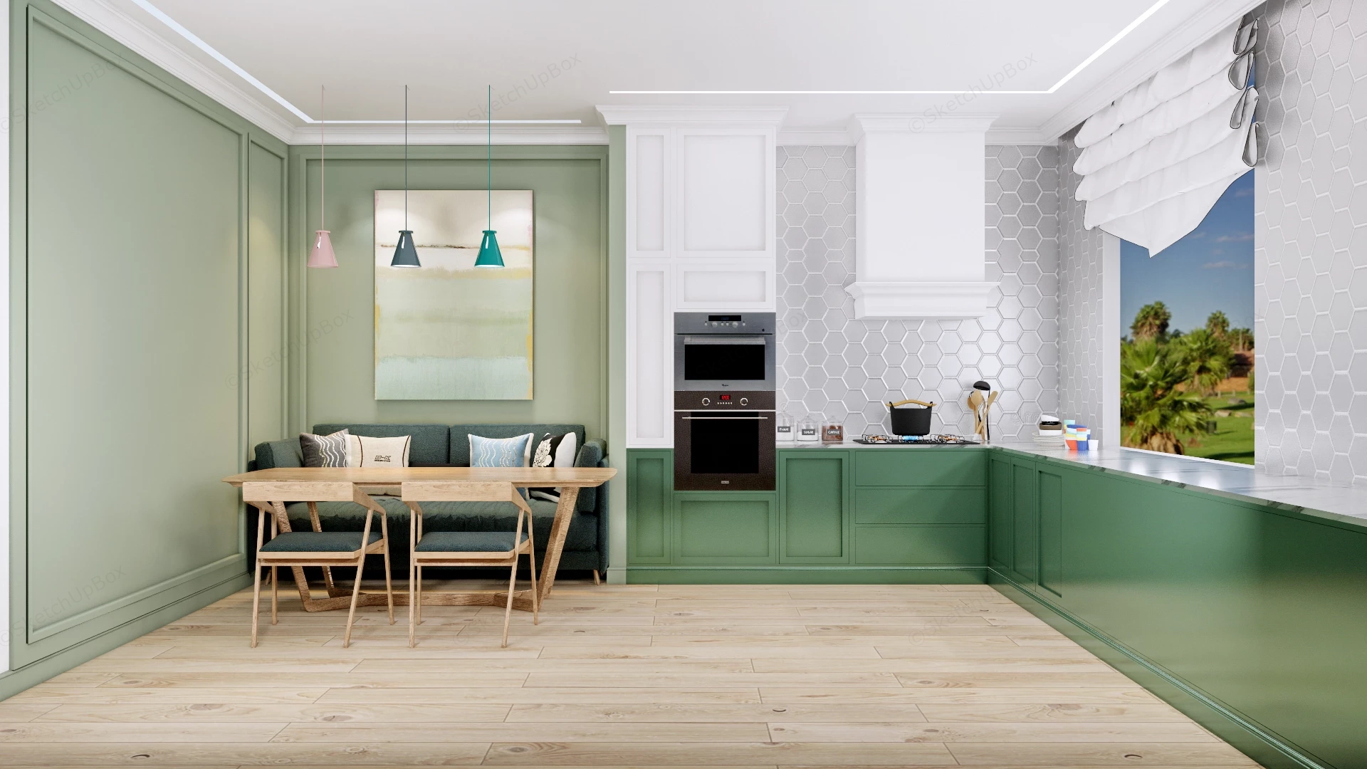 Transitional Green Kitchen And Dining Scene Sketchup 3D Model Preview - SketchupBox