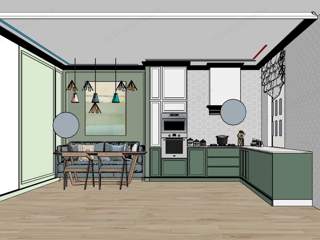 Transitional Green Kitchen And Dining Scene Sketchup 3D Model Preview - SketchupBox