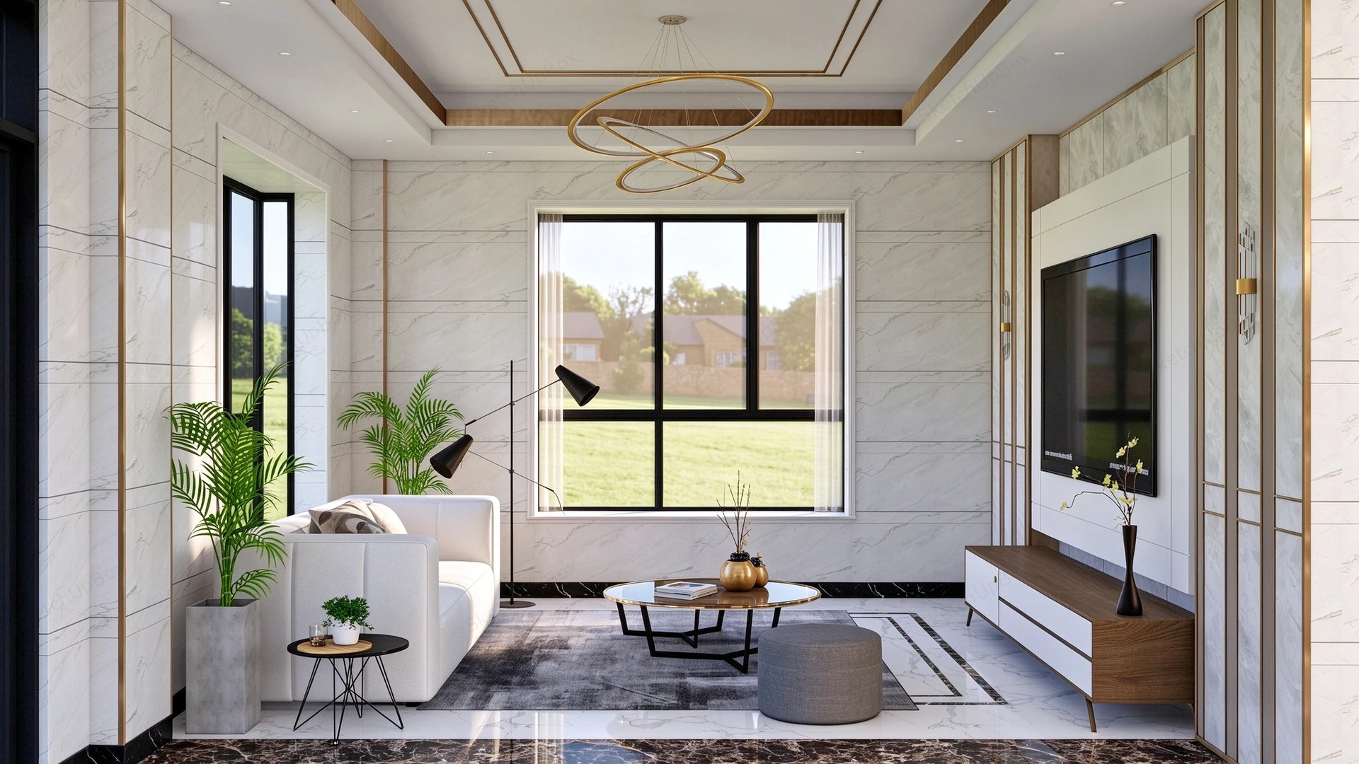 Modern Marble Living Room With Media Wall Sketchup 3D Model Preview - SketchupBox