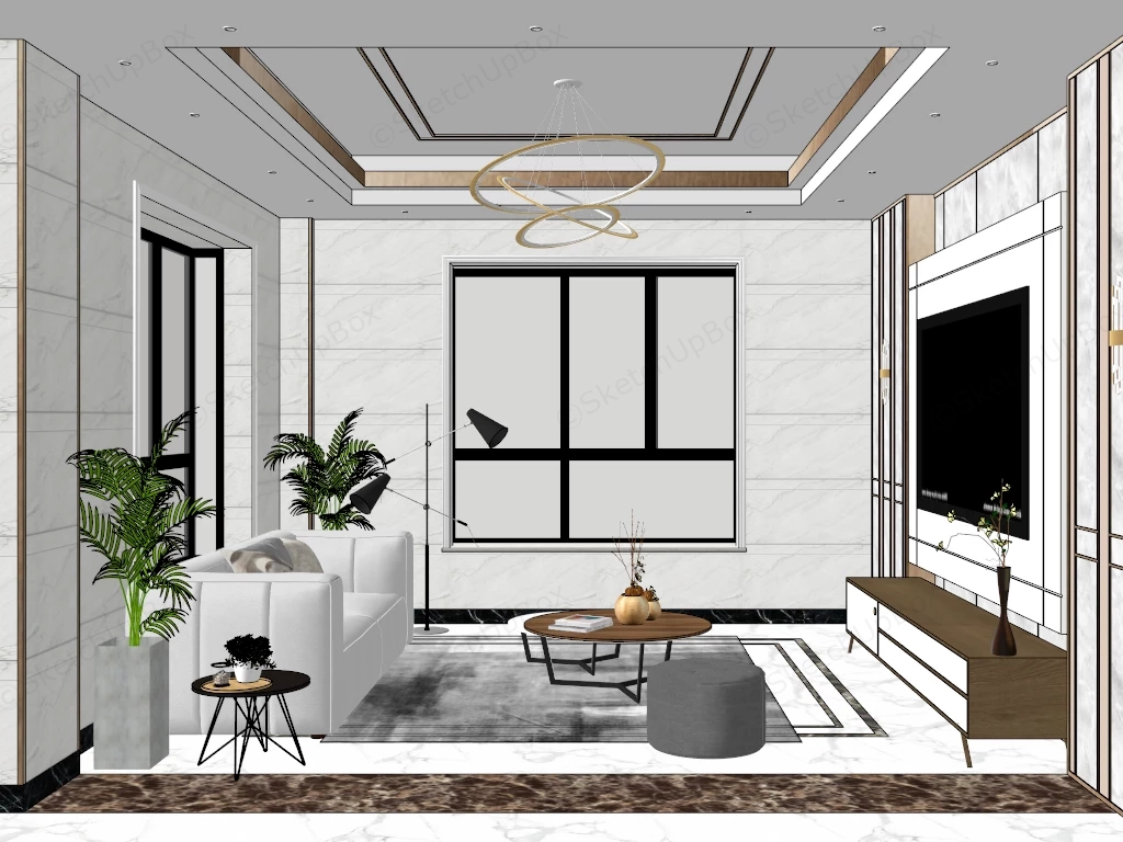 Modern Marble Living Room With Media Wall Sketchup 3D Model Preview - SketchupBox