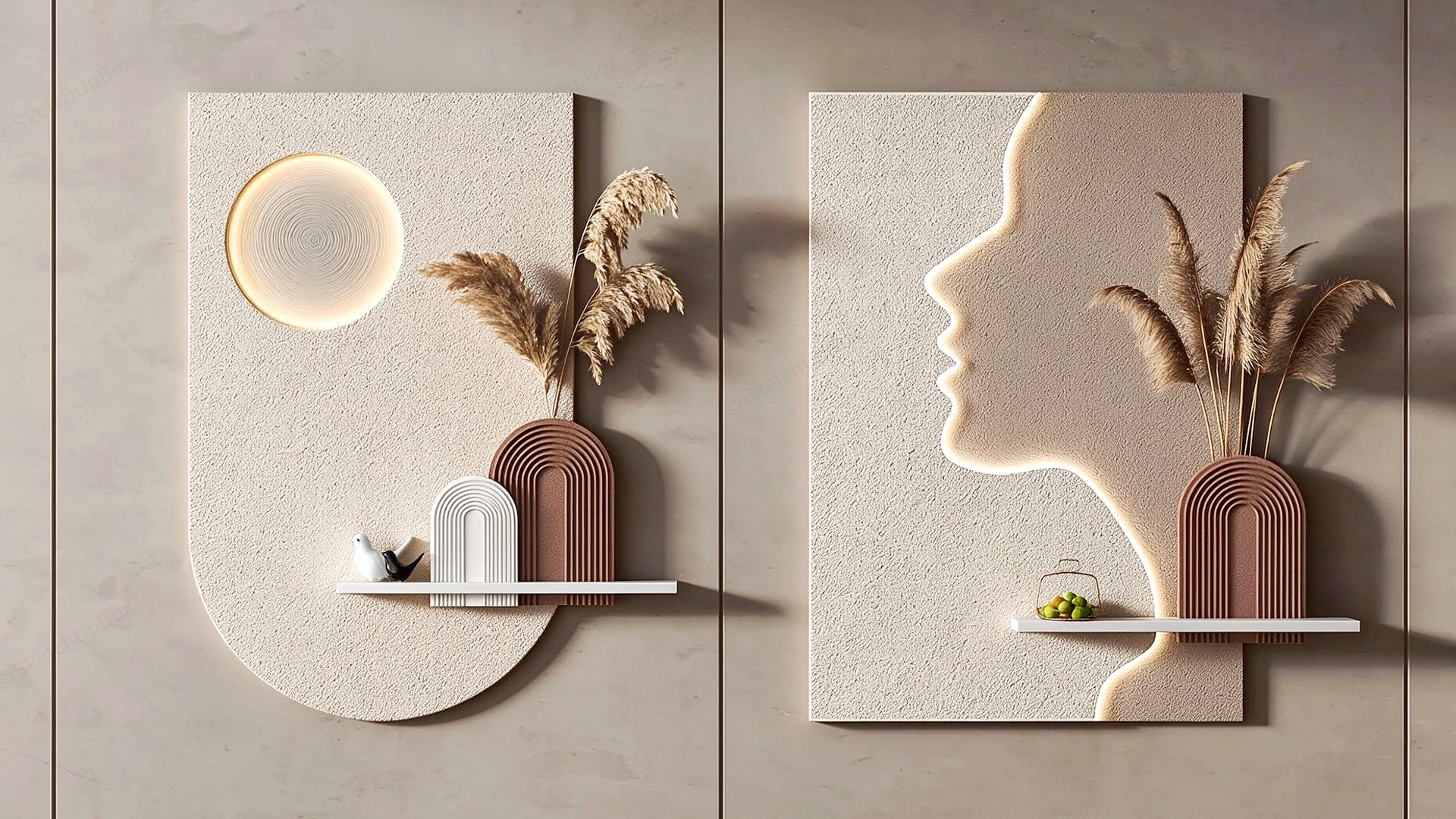 Modern Wabi Sabi Backlit Relief Wall Art Set Sketchup 3D Model Preview - SketchupBox