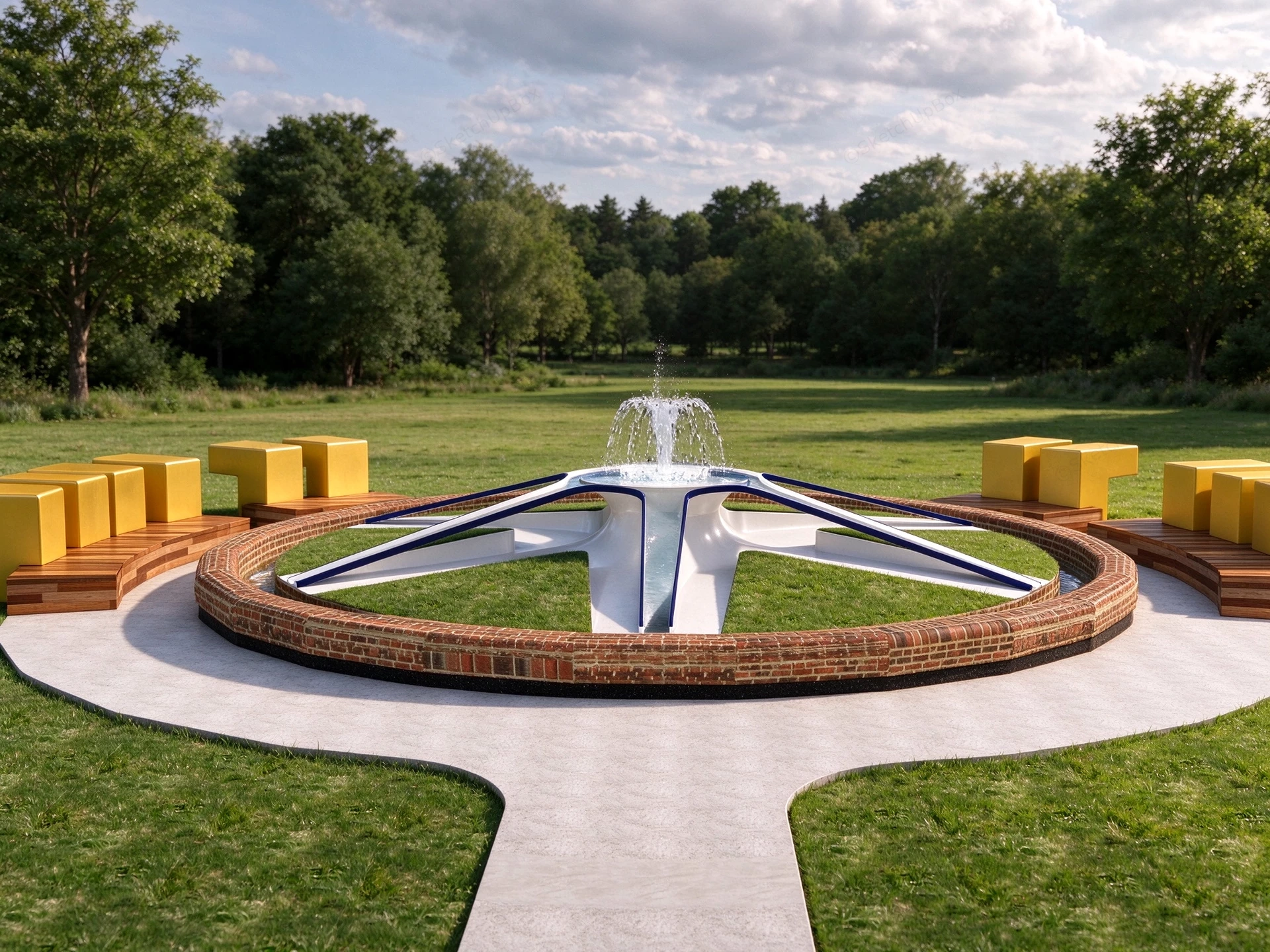 Modern Star Shaped Plaza Fountain And Seating Zone Sketchup 3D Model Preview - SketchupBox