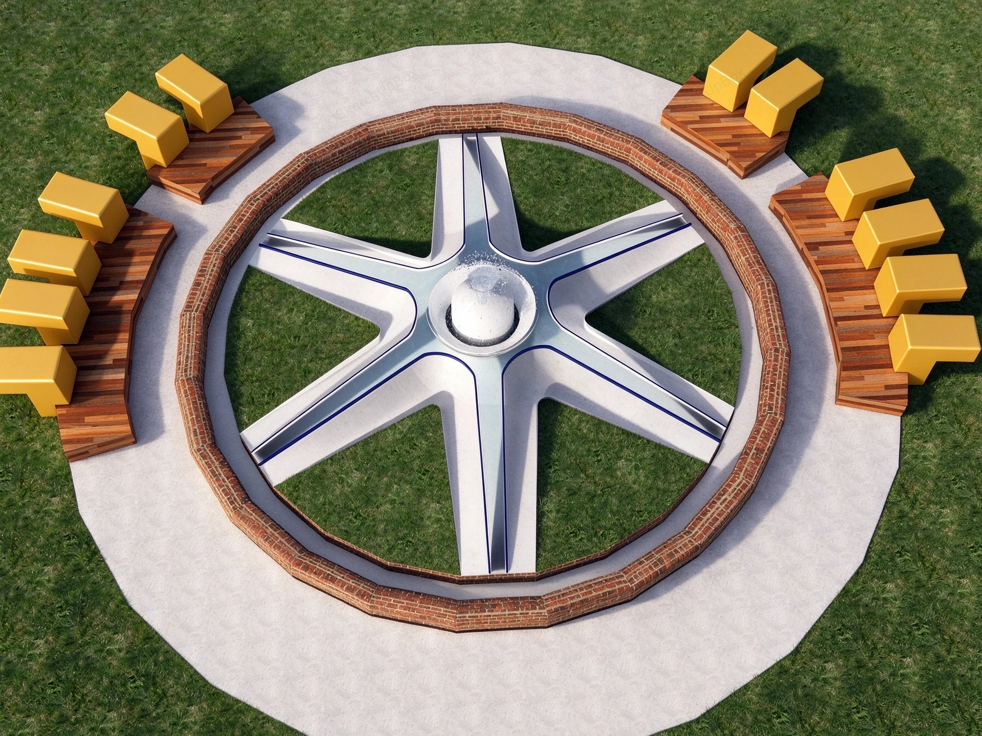 Modern Star Shaped Plaza Fountain And Seating Zone Sketchup 3D Model Preview - SketchupBox