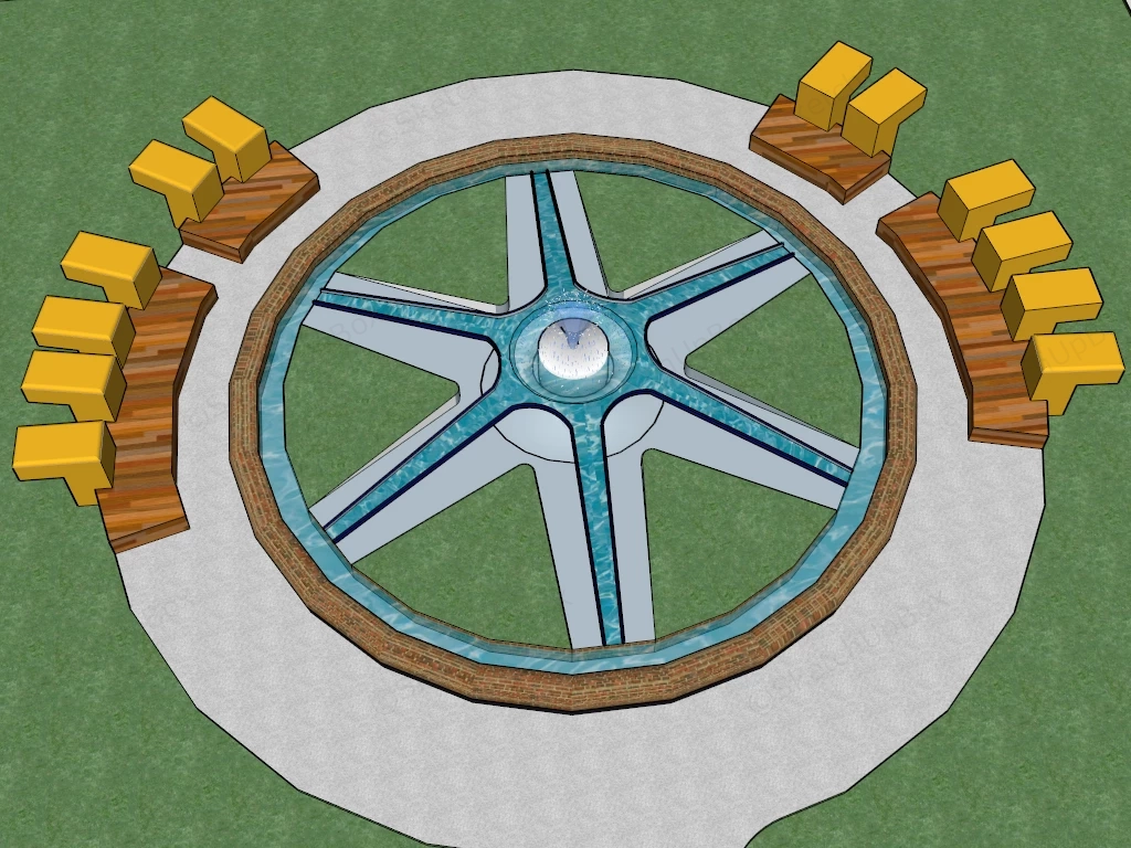 Modern Star Shaped Plaza Fountain And Seating Zone Sketchup 3D Model Preview - SketchupBox