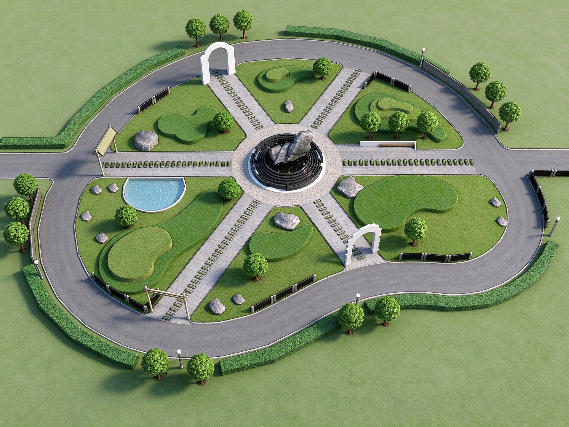 Radial Park Landscape And Memorial Garden Plaza Sketchup 3D Model Preview - SketchupBox