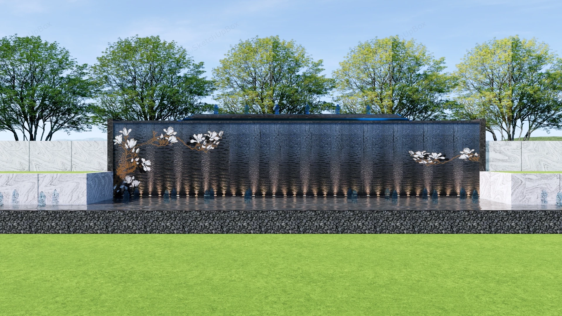 Modern Water Curtain Feature Wall With Floral Relief Sketchup 3D Model Preview - SketchupBox