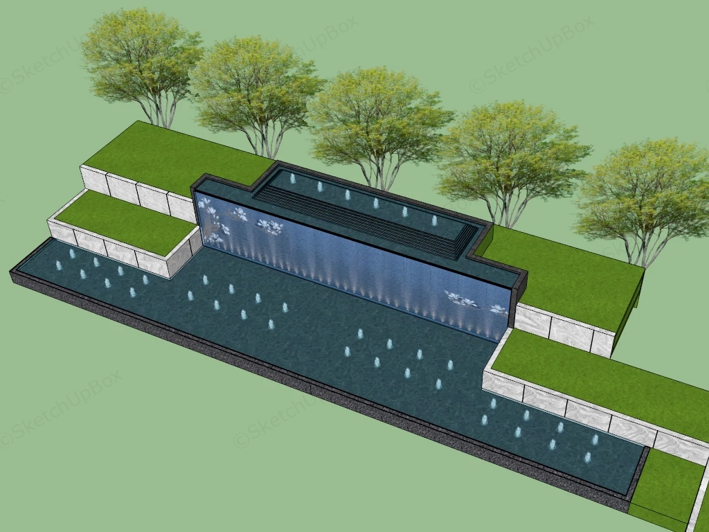 Modern Water Curtain Feature Wall With Floral Relief Sketchup 3D Model Preview - SketchupBox