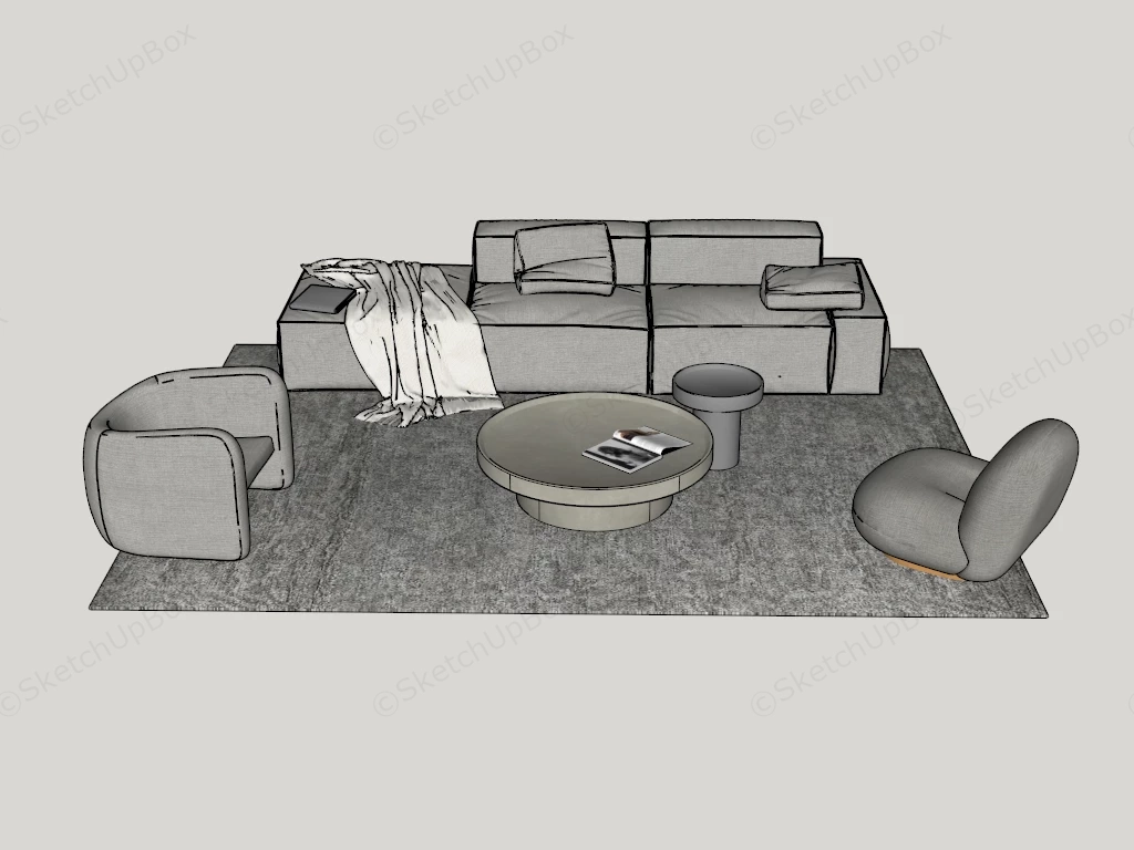 Modern Minimalist Modular Sofa And Lounge Chair Set Sketchup 3D Model Preview - SketchupBox