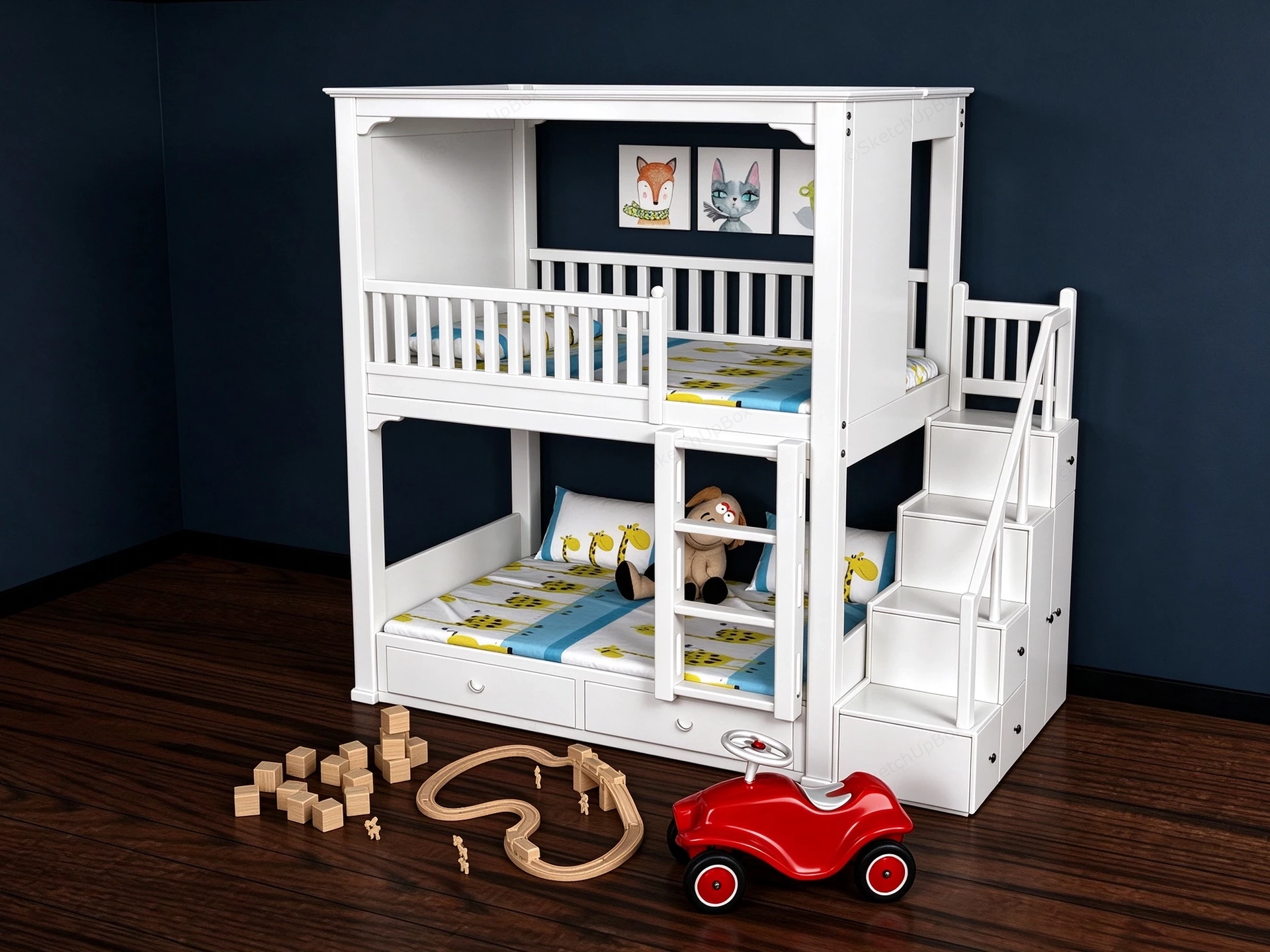 Children's Wooden Bunk Bed Set With Storage Staircase Sketchup 3D Model Preview - SketchupBox