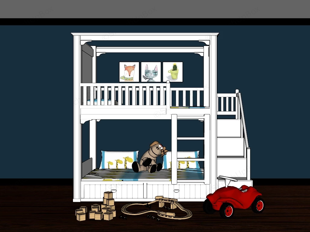 Children's Wooden Bunk Bed Set With Storage Staircase Sketchup 3D Model Preview - SketchupBox