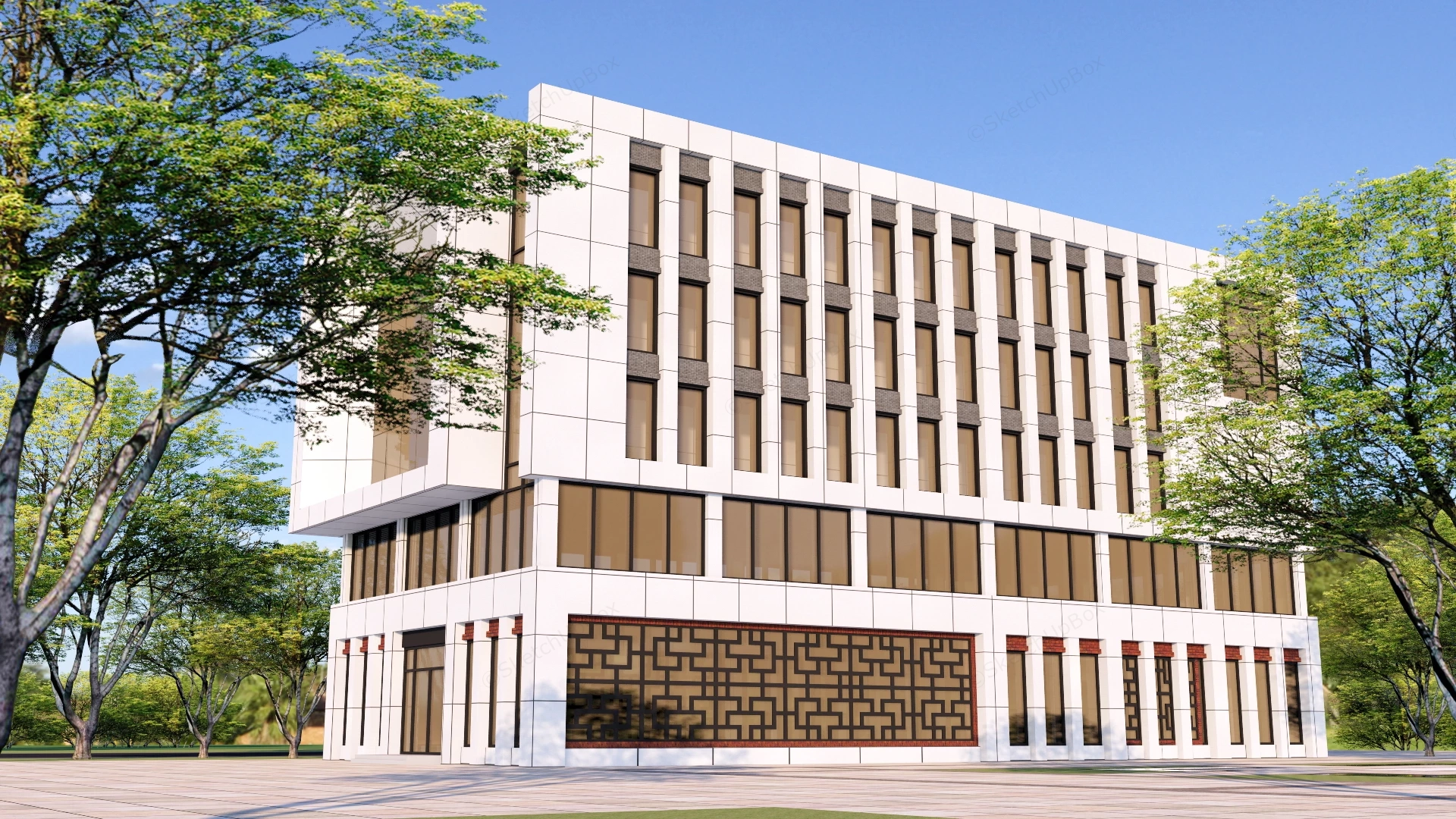 Modern Commercial Building With Traditional Lattice Accents Sketchup 3D Model Preview - SketchupBox
