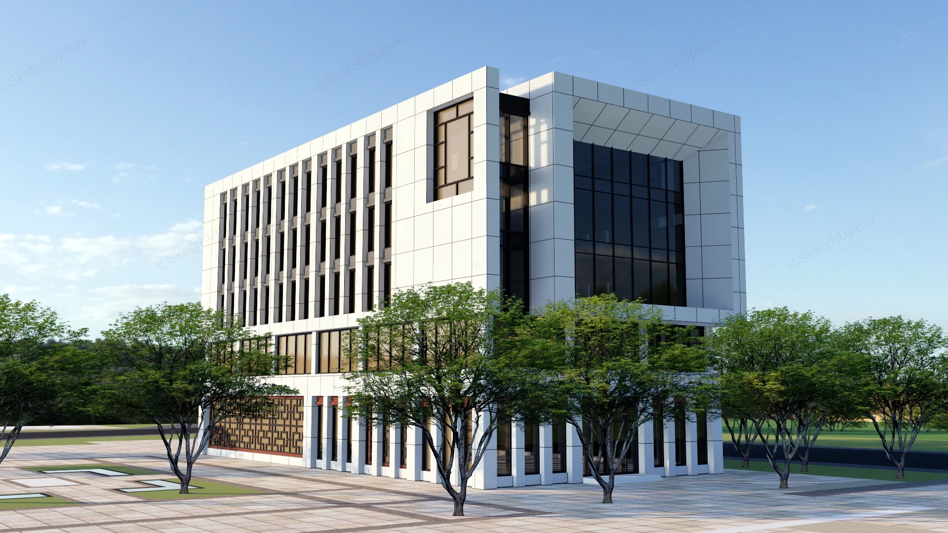 Modern Commercial Building With Traditional Lattice Accents Sketchup 3D Model Preview - SketchupBox