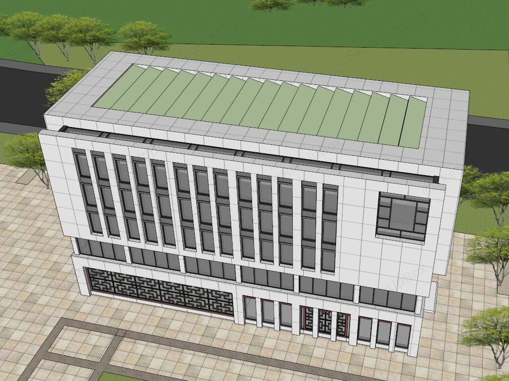 Modern Commercial Building With Traditional Lattice Accents Sketchup 3D Model Preview - SketchupBox