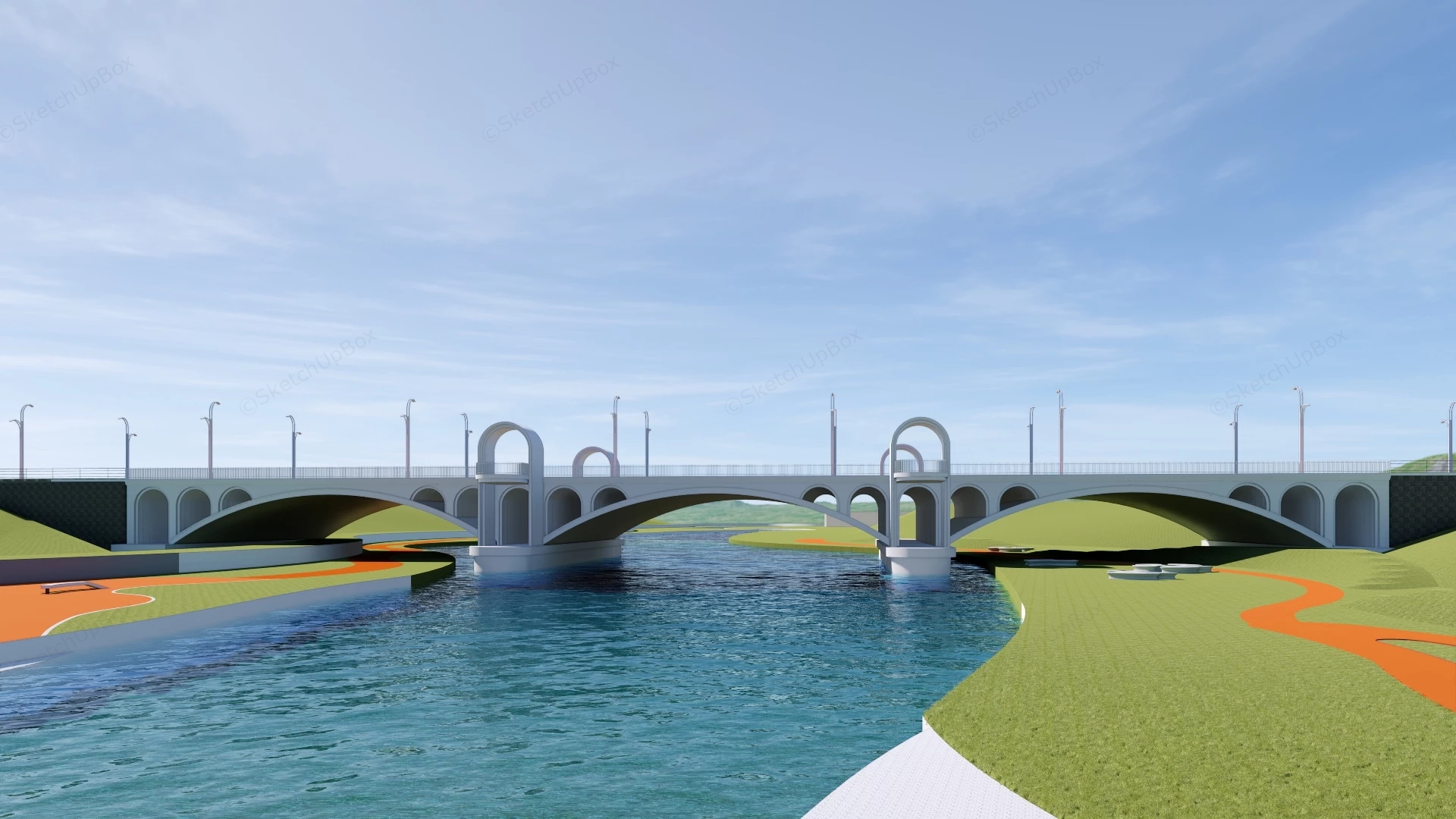 Multi Span Concrete Arch Bridge And River Landscape Sketchup 3D Model Preview - SketchupBox