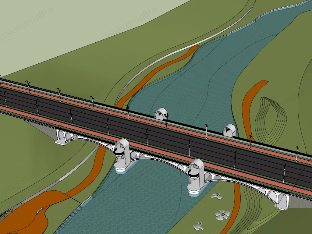 Multi Span Concrete Arch Bridge And River Landscape Sketchup 3D Model Preview - SketchupBox