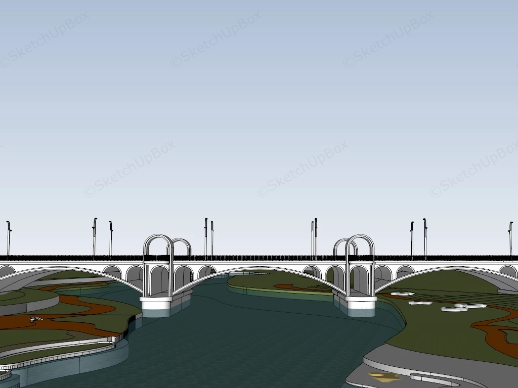Multi Span Concrete Arch Bridge And River Landscape Sketchup 3D Model Preview - SketchupBox