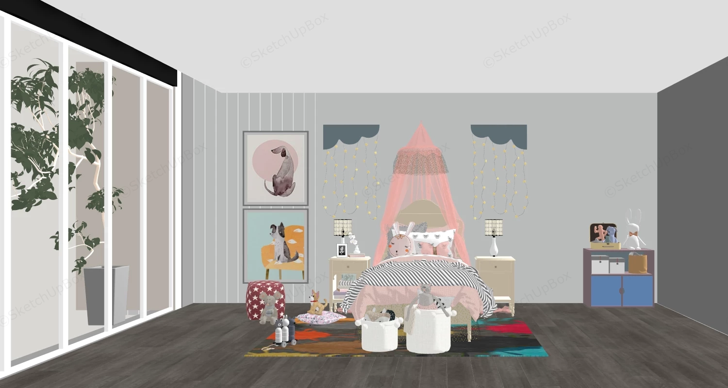 Children's Canopy Bed Nursery Interior Sketchup 3D Model Preview - SketchupBox