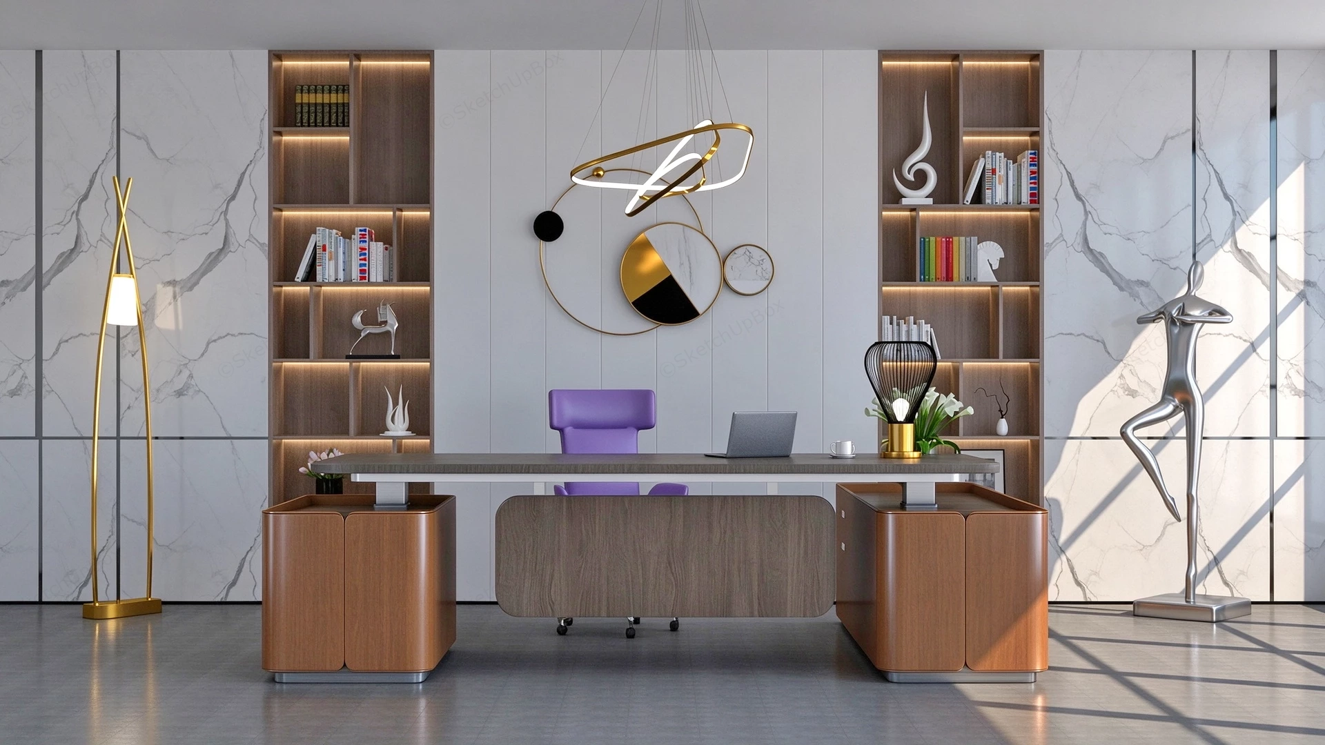 Modern Executive Office And Symmetrical Wall Cabinetry Sketchup 3D Model Preview - SketchupBox