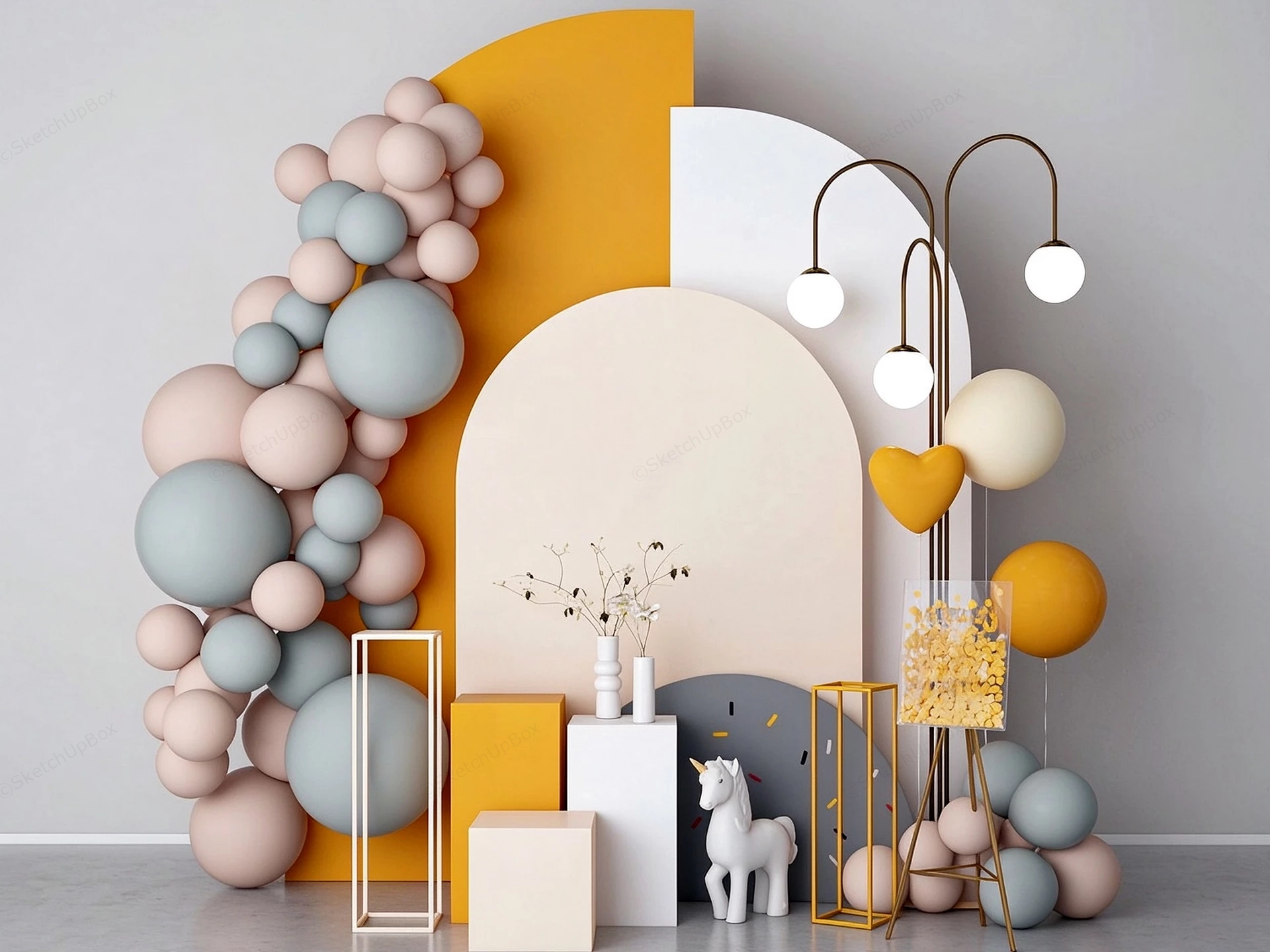 Modern Geometric Event Backdrop And Balloon Garland Sketchup 3D Model Preview - SketchupBox