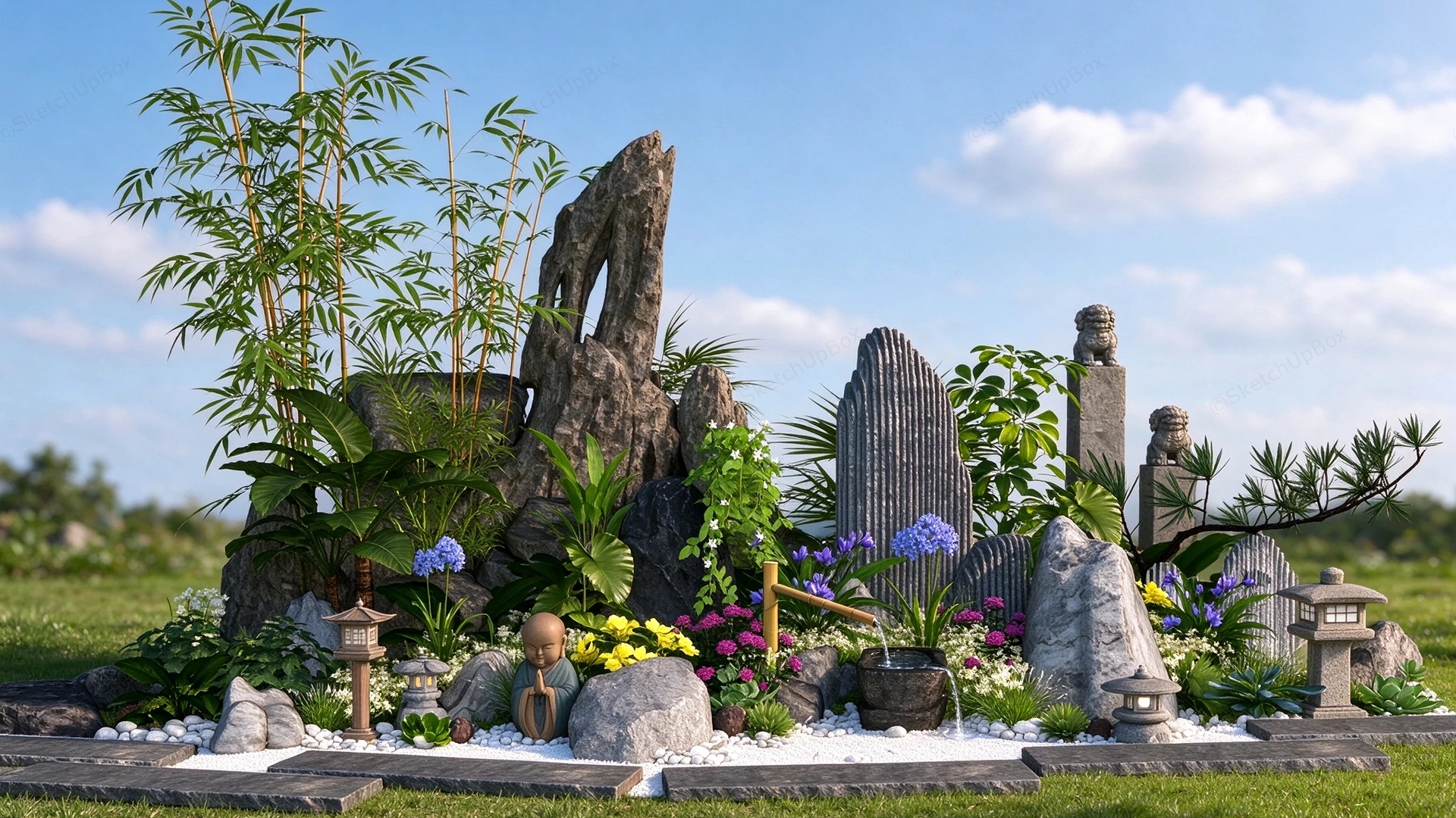 Traditional Zen Garden Landscape Sketchup 3D Model Preview - SketchupBox