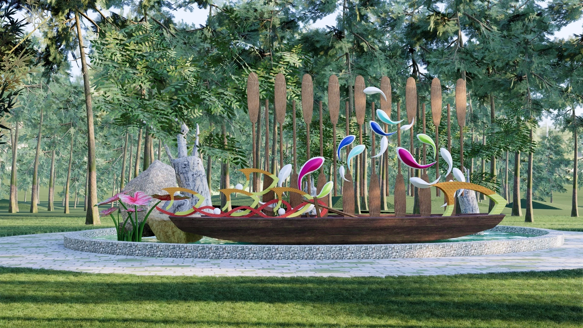 Public Park Boat And Water Feature Sculpture Sketchup 3D Model Preview - SketchupBox