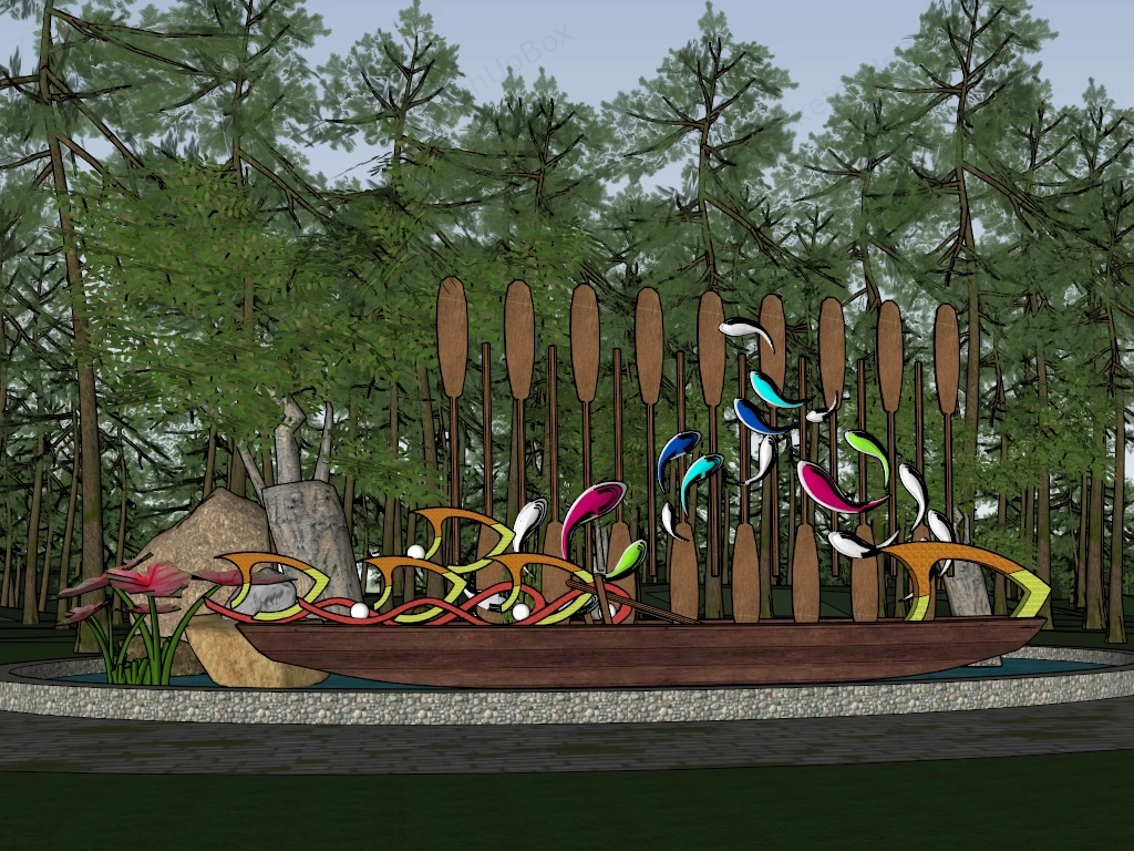 Public Park Boat And Water Feature Sculpture Sketchup 3D Model Preview - SketchupBox