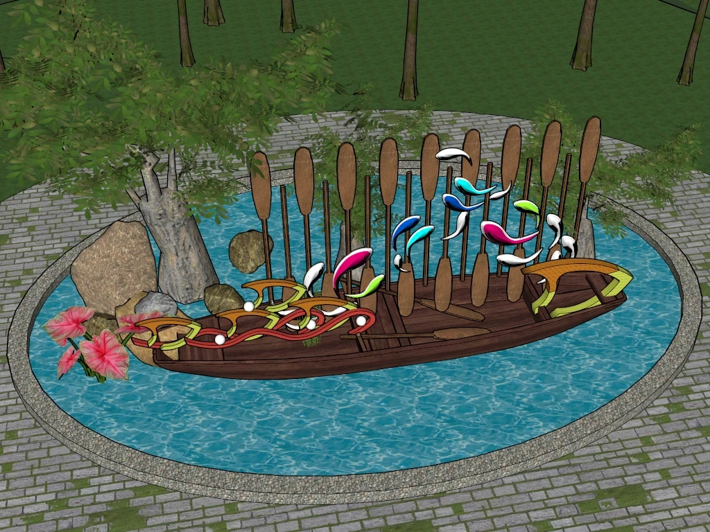 Public Park Boat And Water Feature Sculpture Sketchup 3D Model Preview - SketchupBox