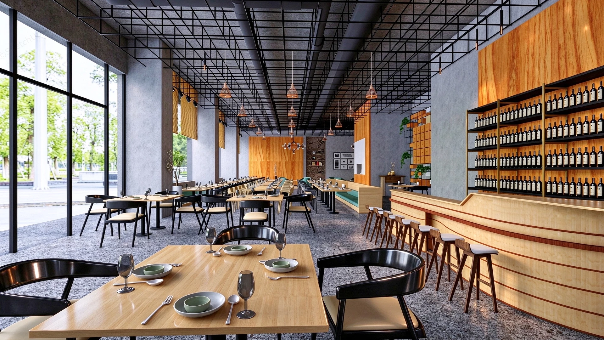 Modern Industrial Restaurant And Lounge Bar Sketchup 3D Model Preview - SketchupBox