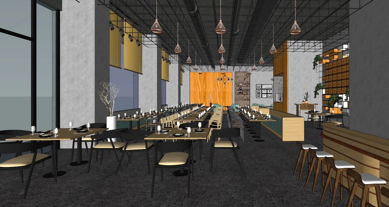 Modern Industrial Restaurant And Lounge Bar Sketchup 3D Model Preview - SketchupBox